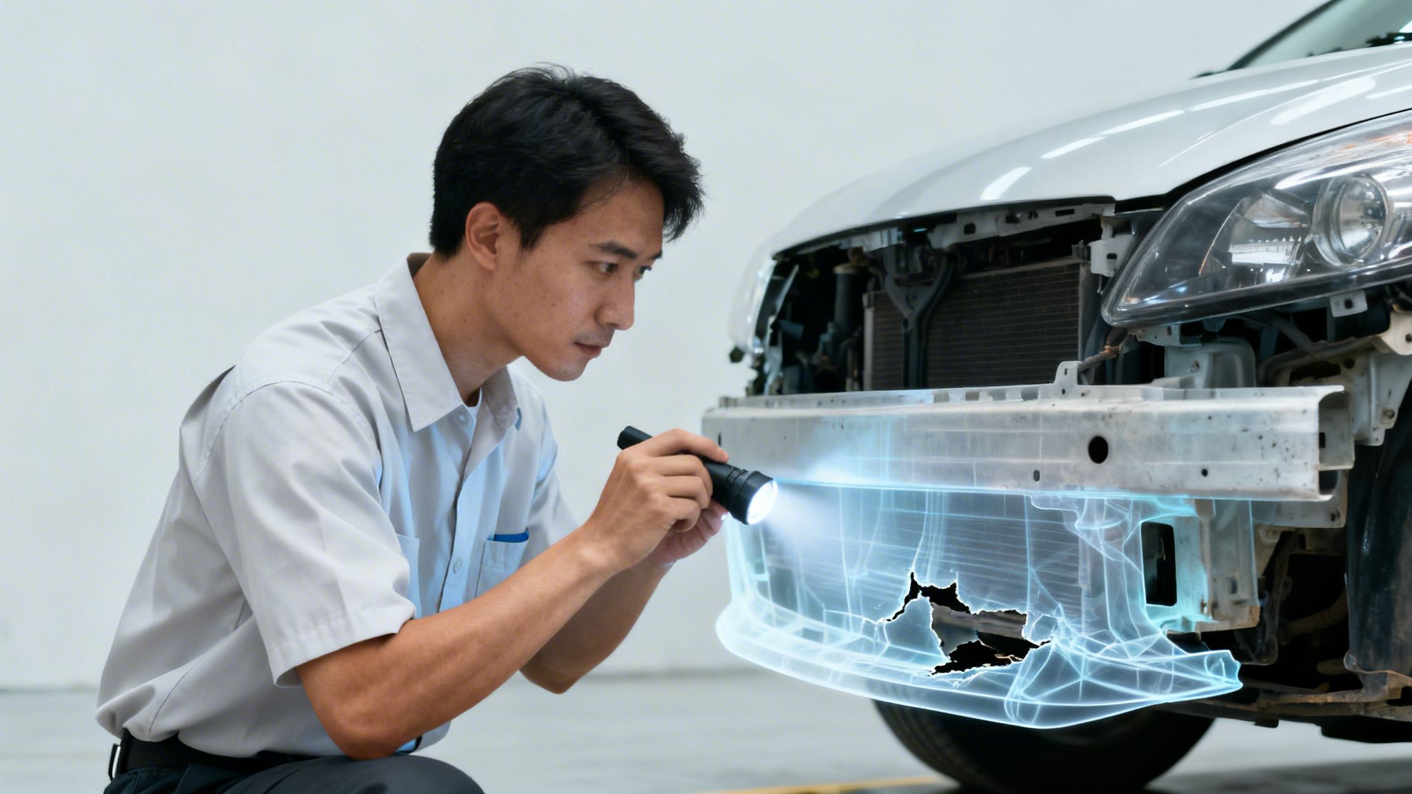Technician examines a car's exposed front with a flashlight, revealing digital damage overlay.