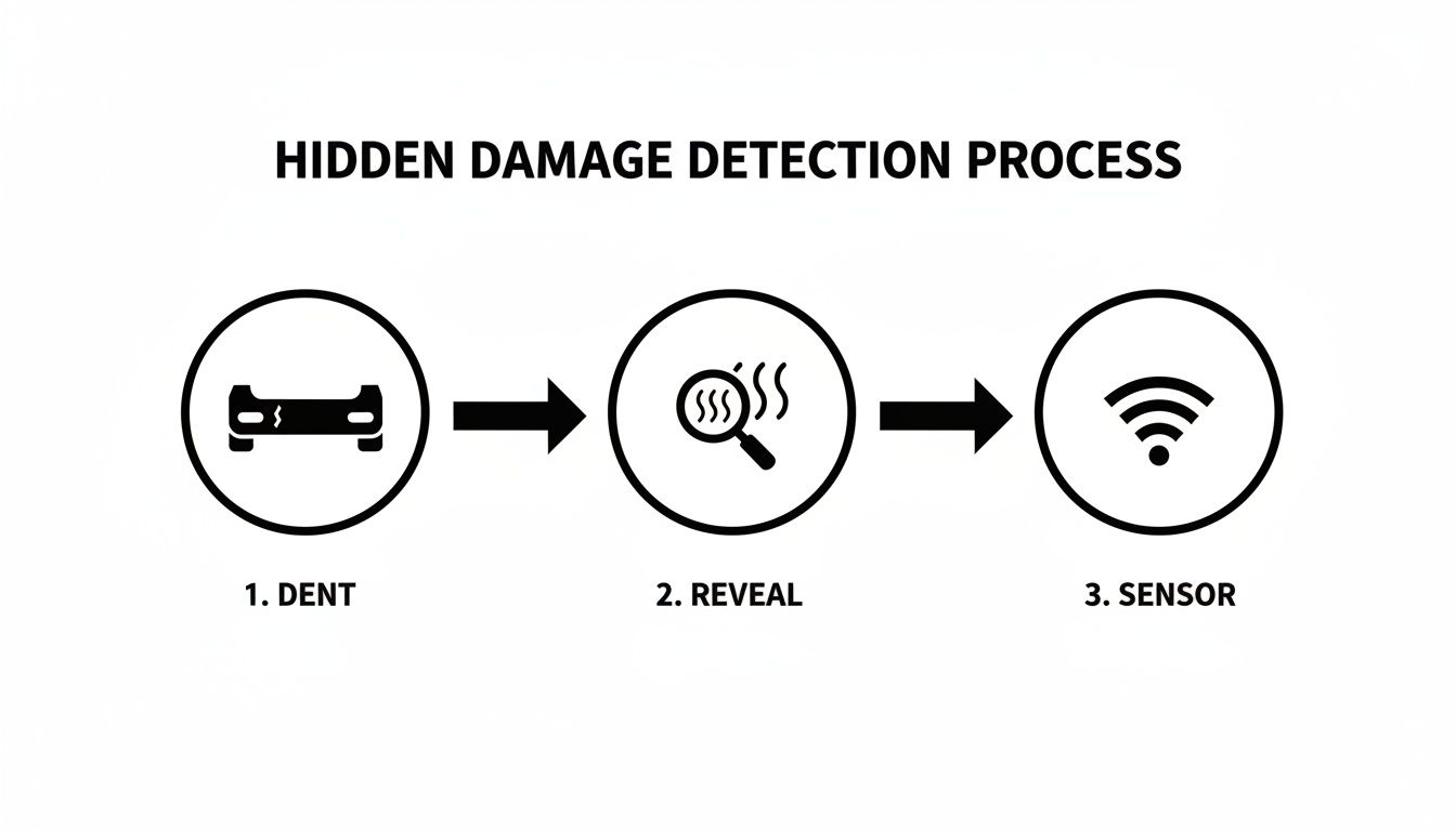 Flowchart illustrating the hidden damage detection process, showing a car dent, thermal reveal, and sensor.