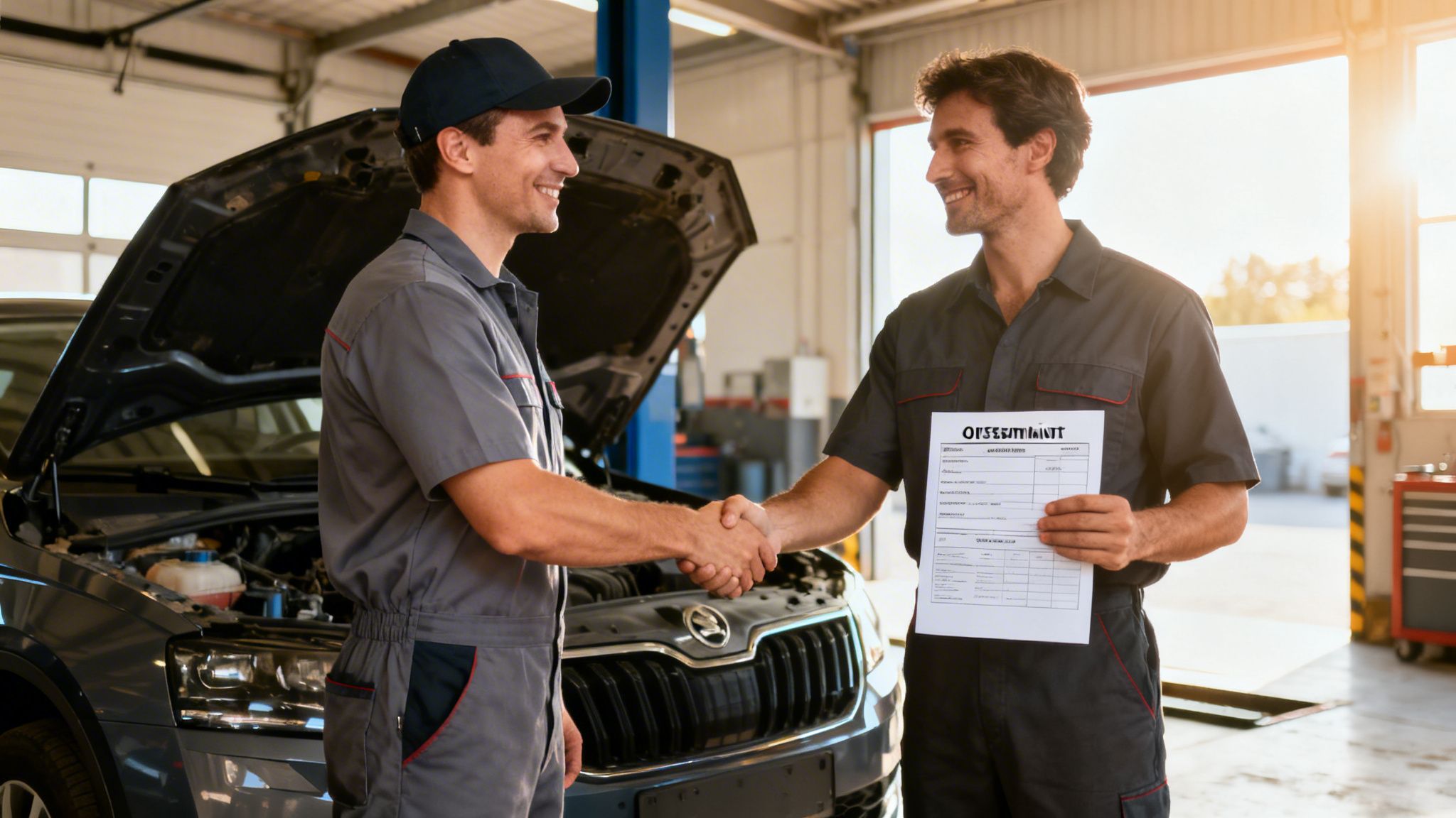 Two smiling mechanics shake hands in a car repair shop, with an opened car hood.