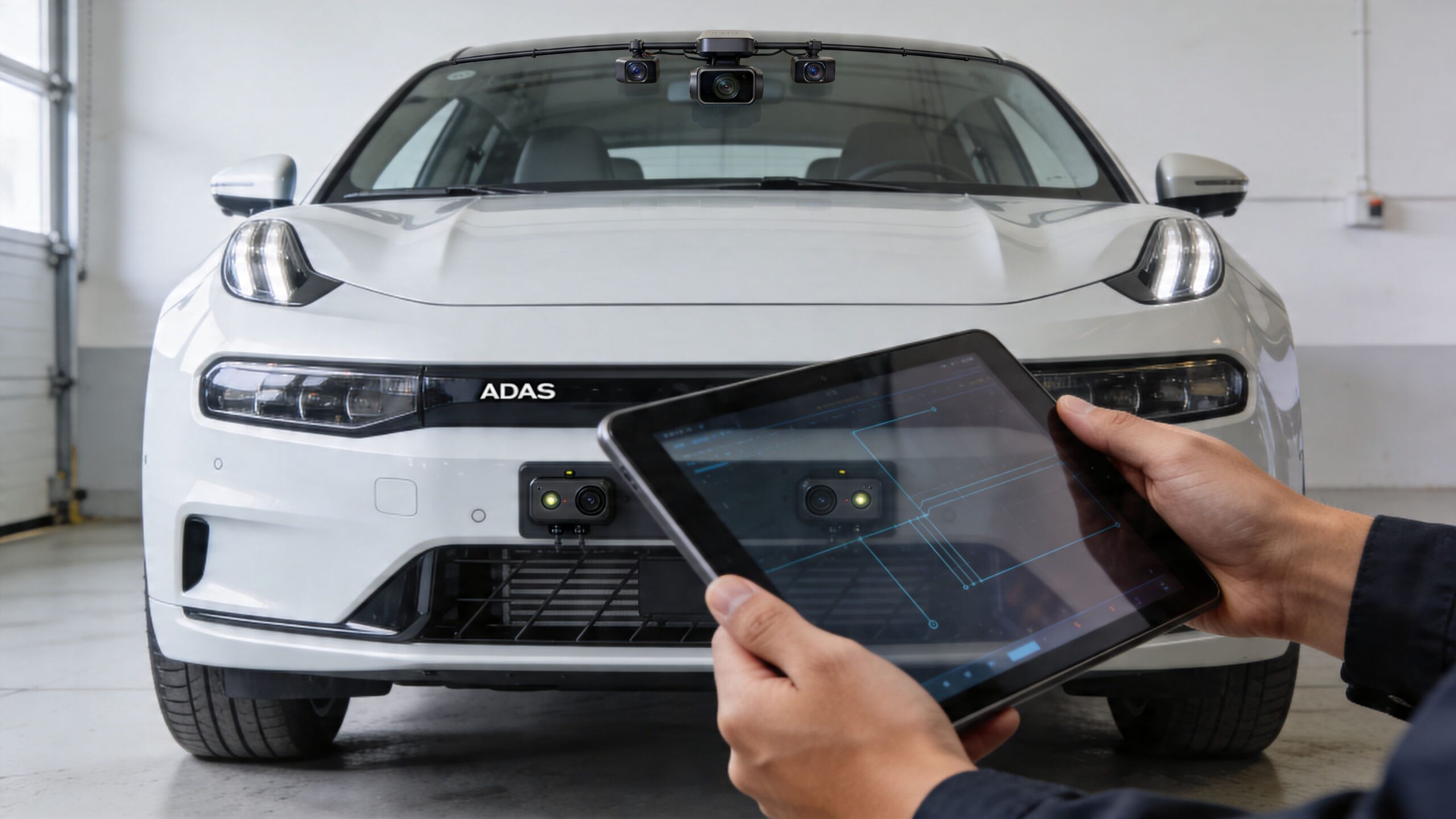 A technician calibrating the ADAS sensor system on a white car using a digital tablet.