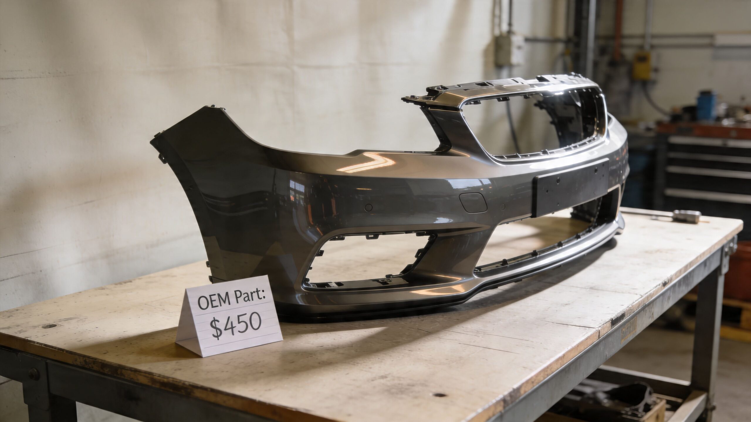 A gray automotive car bumper resting on a wooden workbench with a price sign indicating it is an OEM part.
