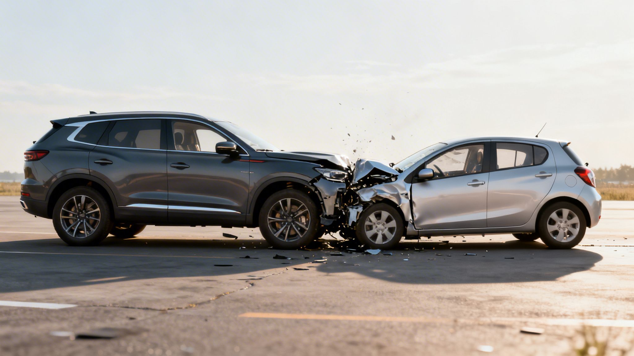 A large SUV colliding with a smaller silver hatchback car during a high-speed road accident simulation.