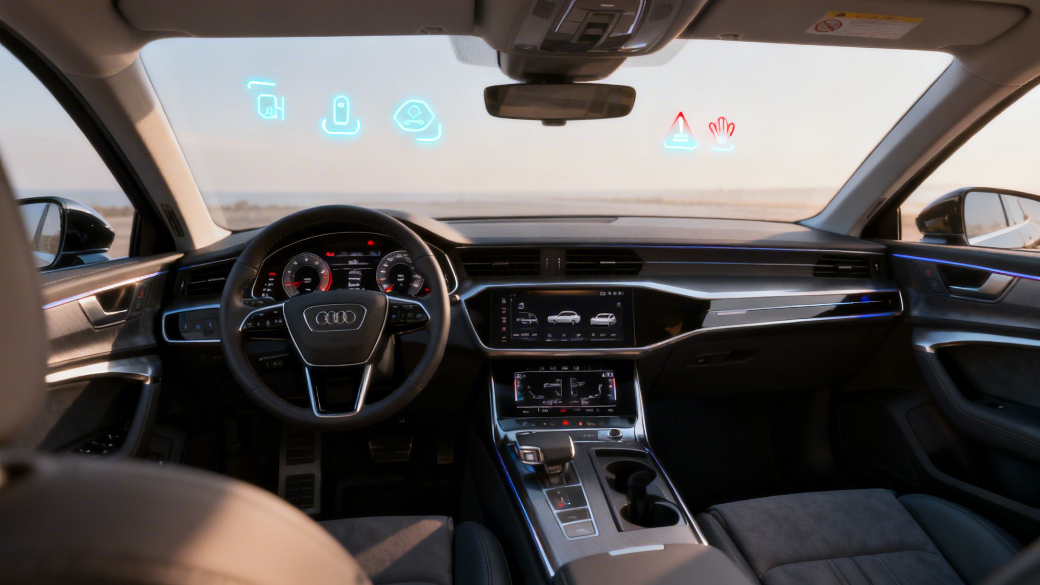 The interior of a modern car dashboard featuring a digital head-up display with vehicle safety information icons.