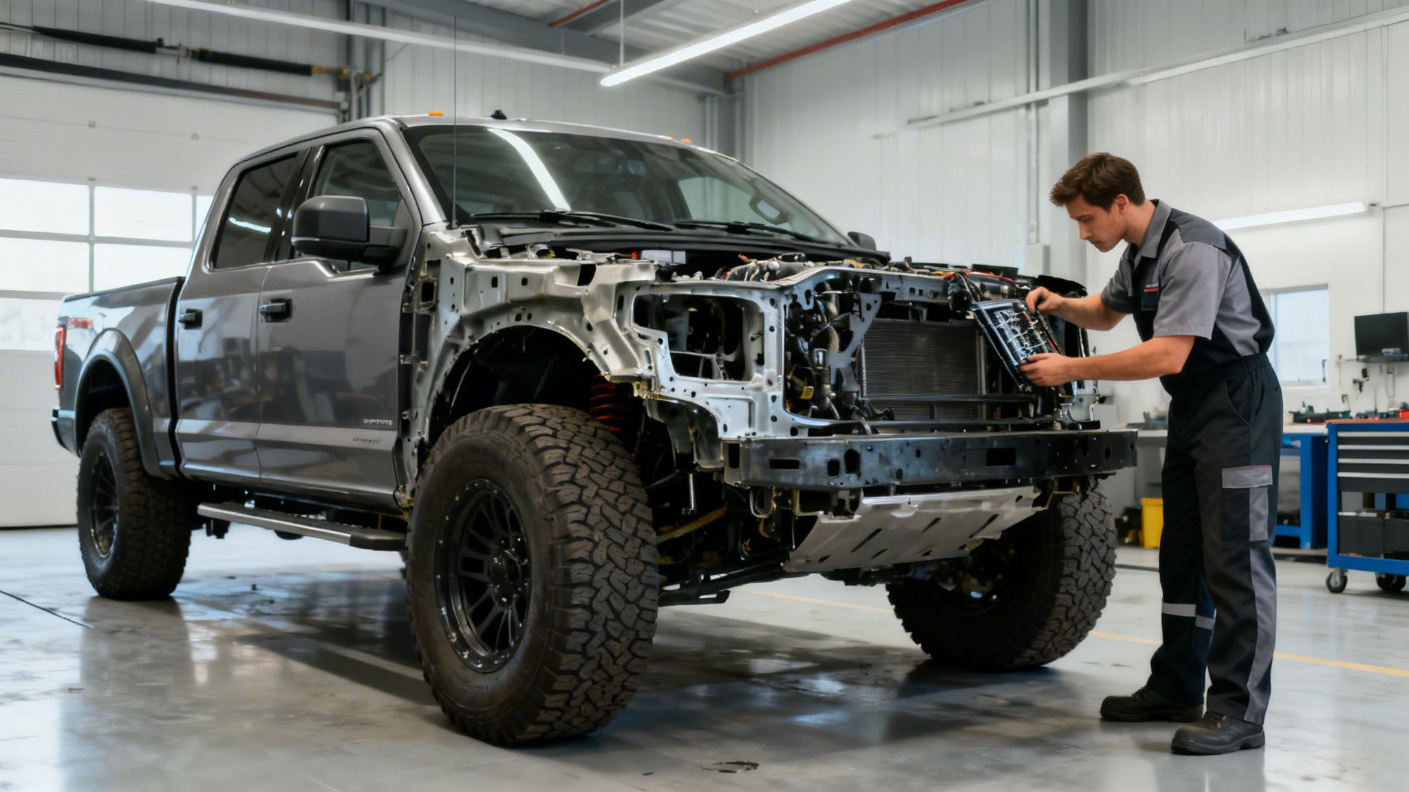 A professional mechanic working on the exposed front end of a large gray pickup truck in a shop.