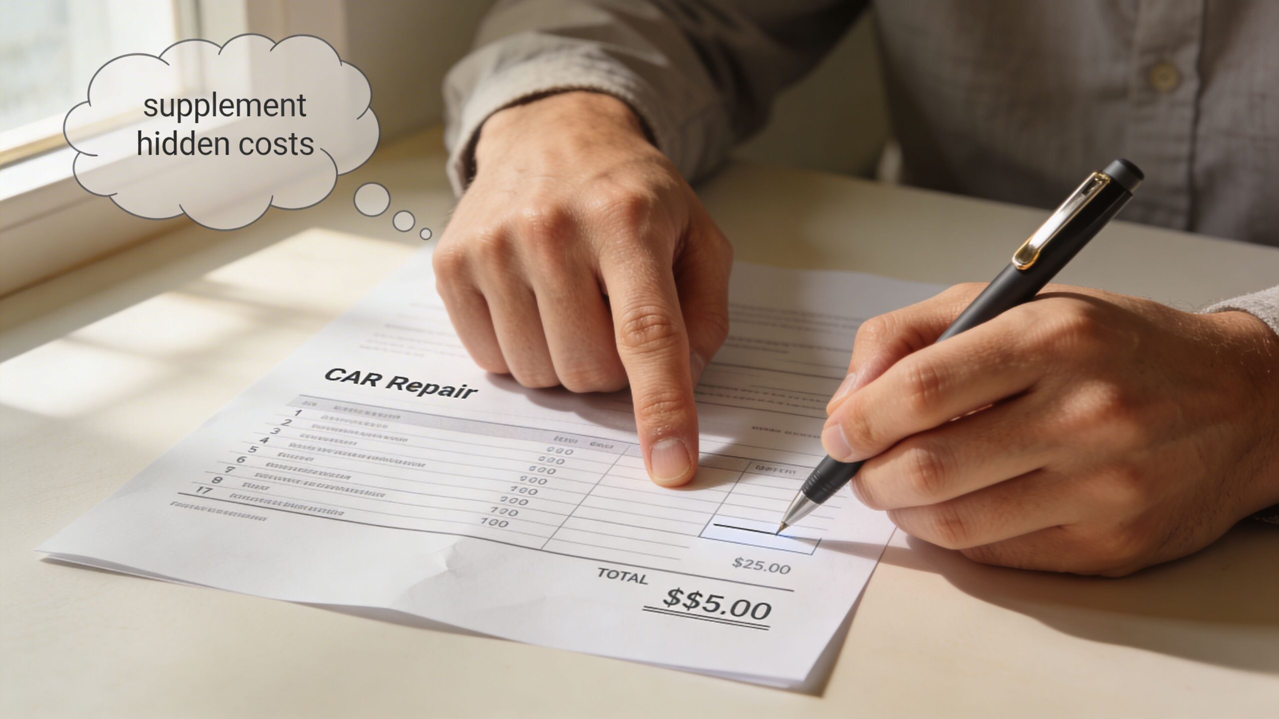 A person carefully reviewing and signing a car repair estimate document on a wooden desk.