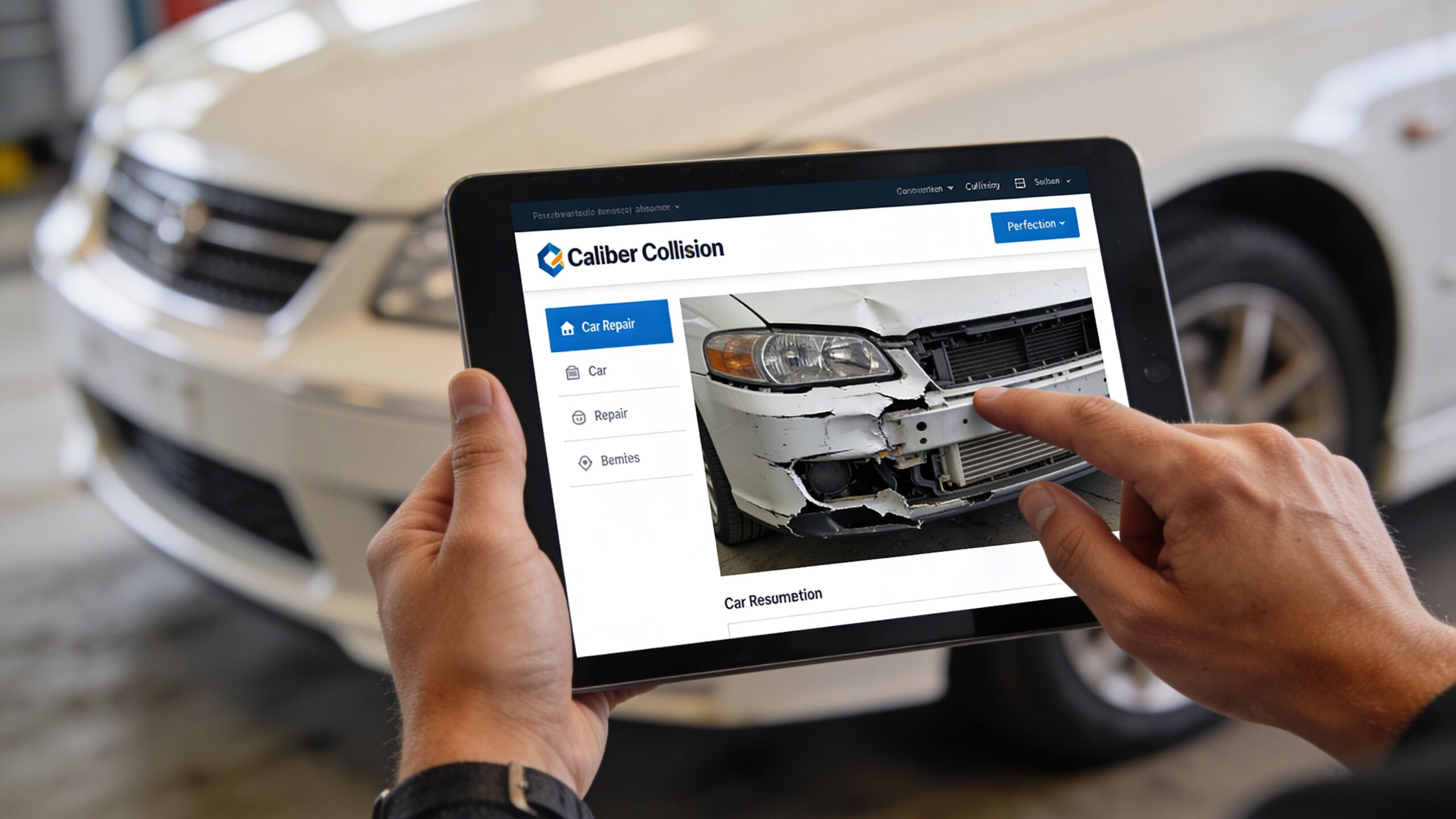A person holding a tablet displaying the Caliber Collision website while pointing at a damaged car image.