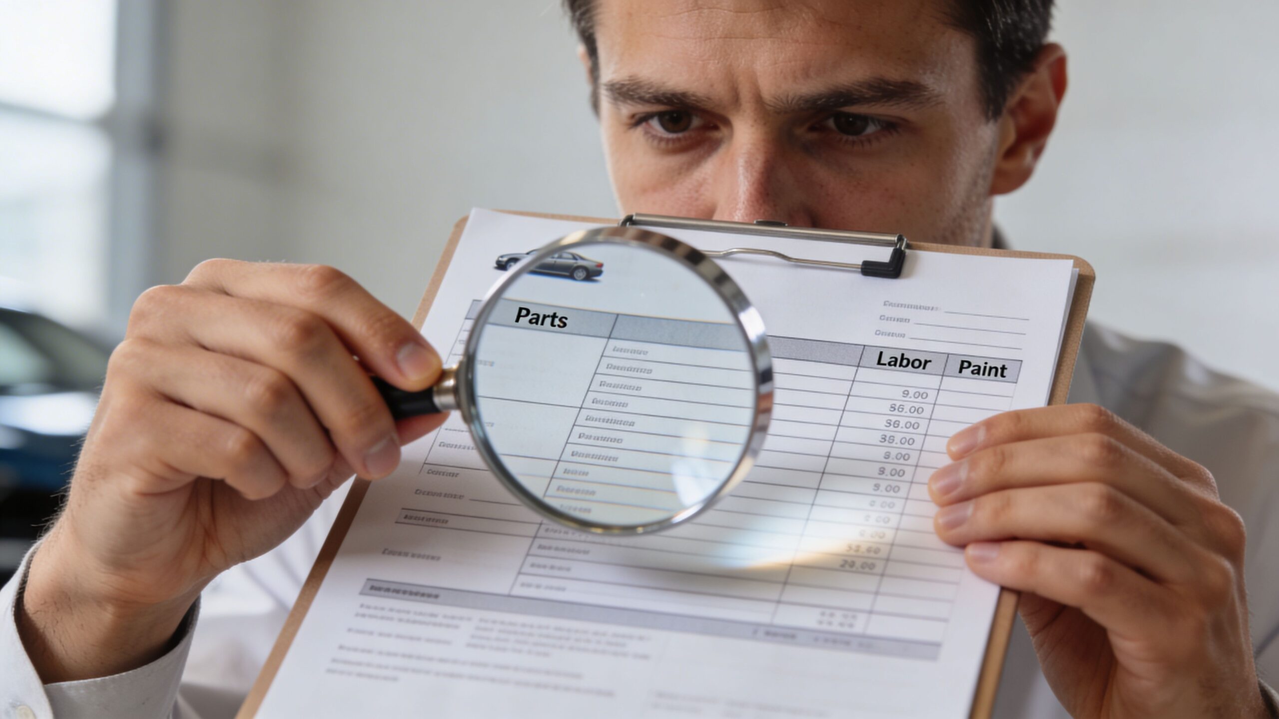 A professional man carefully reviewing an automotive repair estimate form using a magnifying glass.