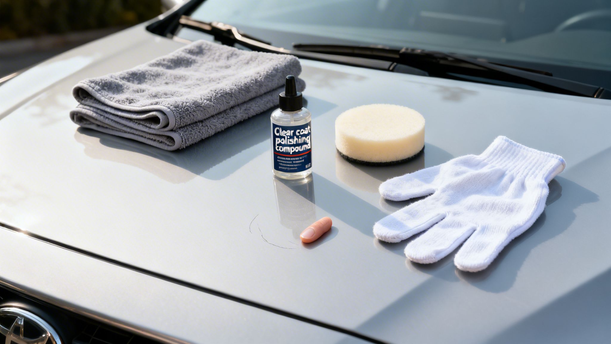 Car scratch repair kit with polishing compound, sponge, towel, and glove on a car hood.