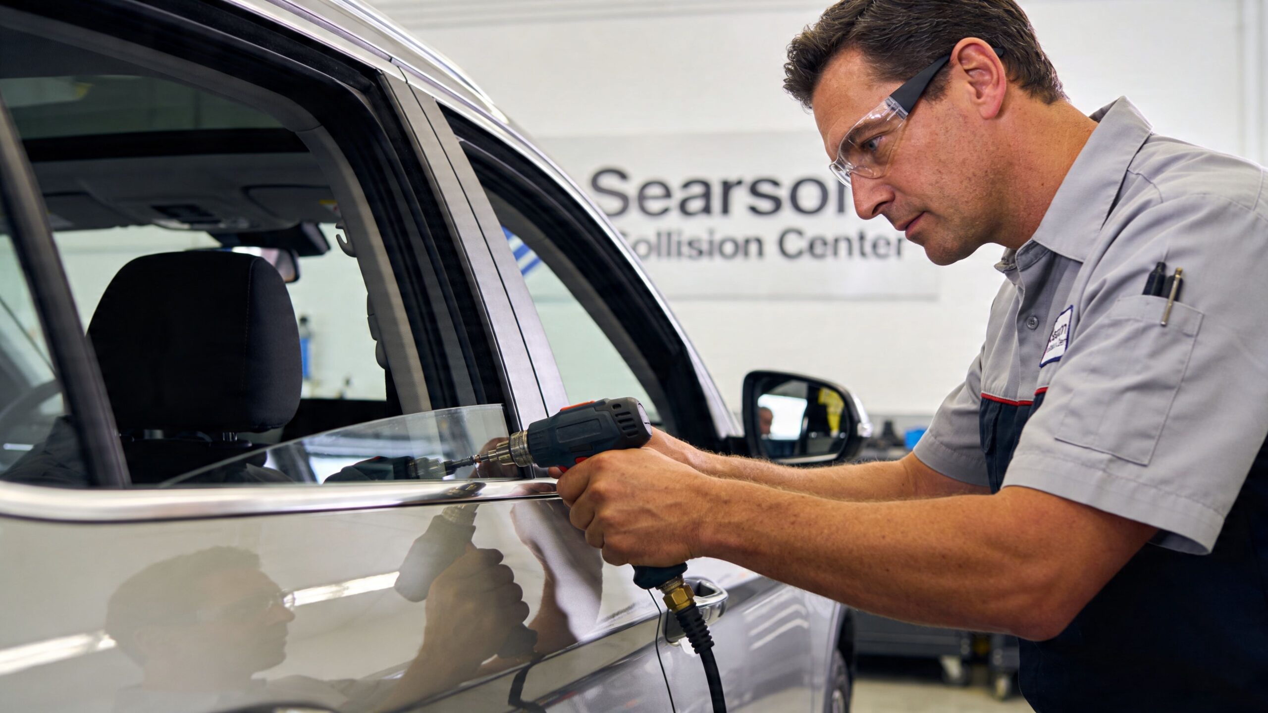 A professional automotive technician using a tool to repair a car window at a collision center.