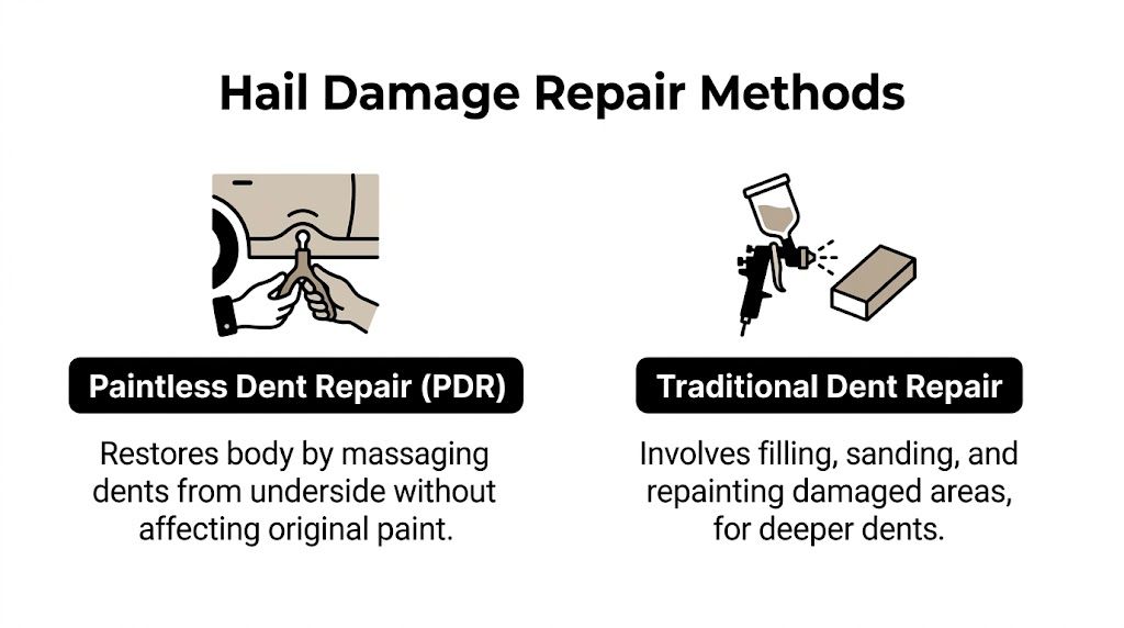 An educational graphic comparing Paintless Dent Repair and Traditional Dent Repair methods for car hail damage.