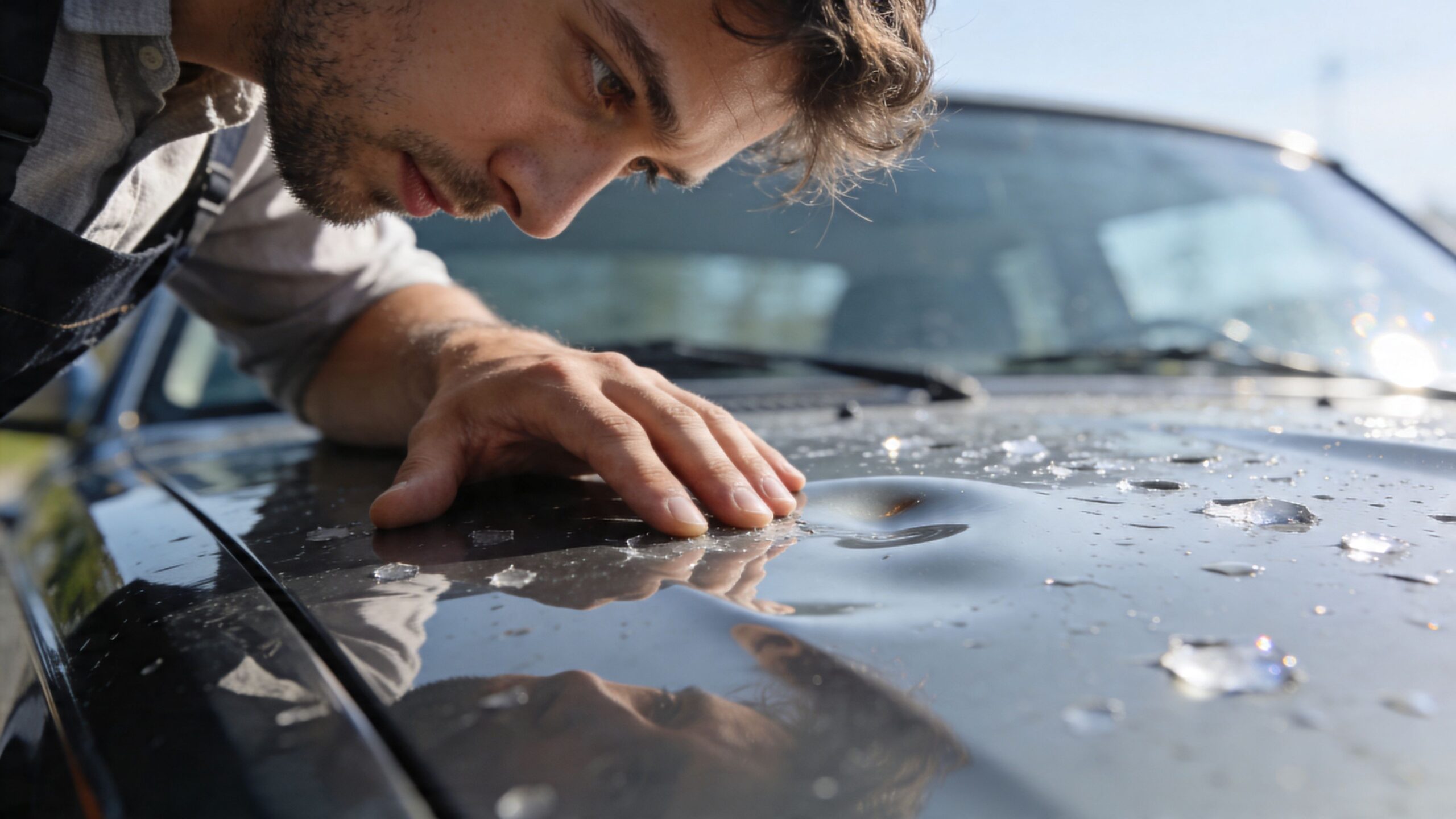 A car mechanic examining extensive hail damage and dented metal on the hood of a dark car.