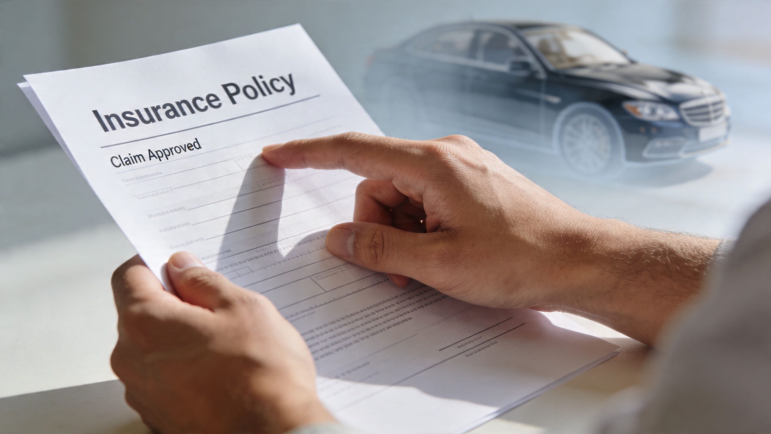 A person holding an approved insurance policy document with a blurred car in the background.