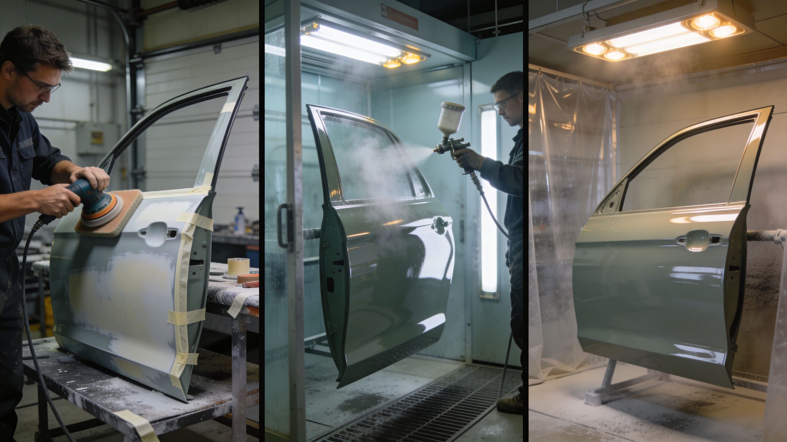 A technician performing car door repair, applying primer and paint in a professional automotive workshop setting.