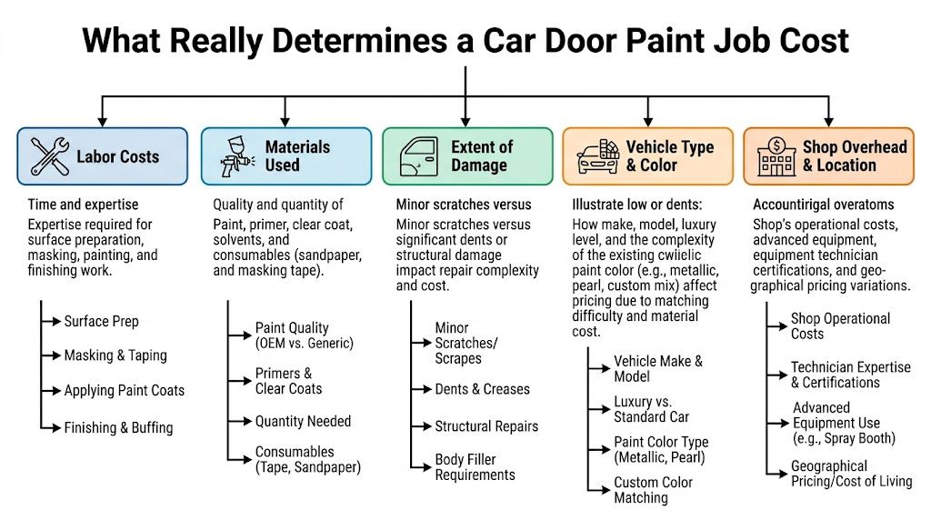 A detailed infographic explaining the various factors that influence the total cost of a car door paint job.