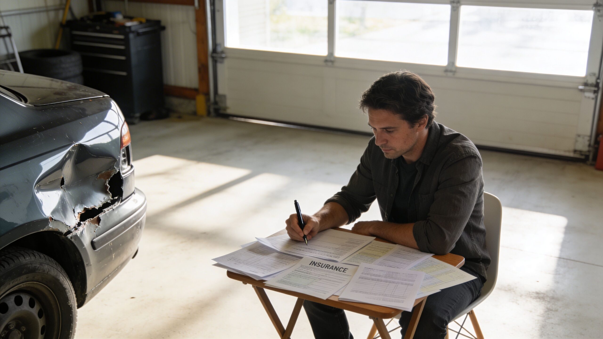 A man in a garage reviews and signs insurance documents next to a damaged car.