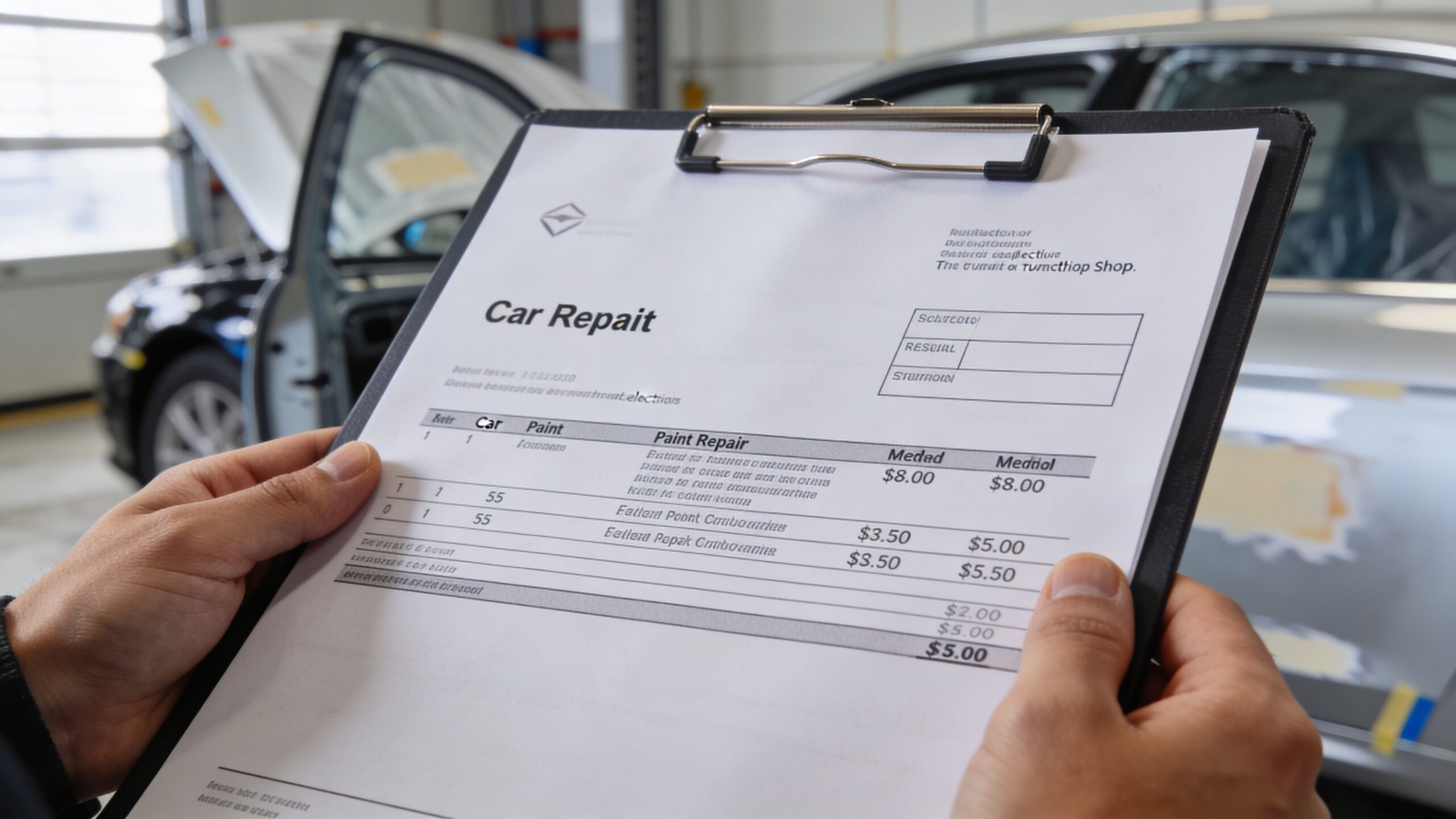 A close-up view of hands holding a clipboard with a car paint repair estimate document.