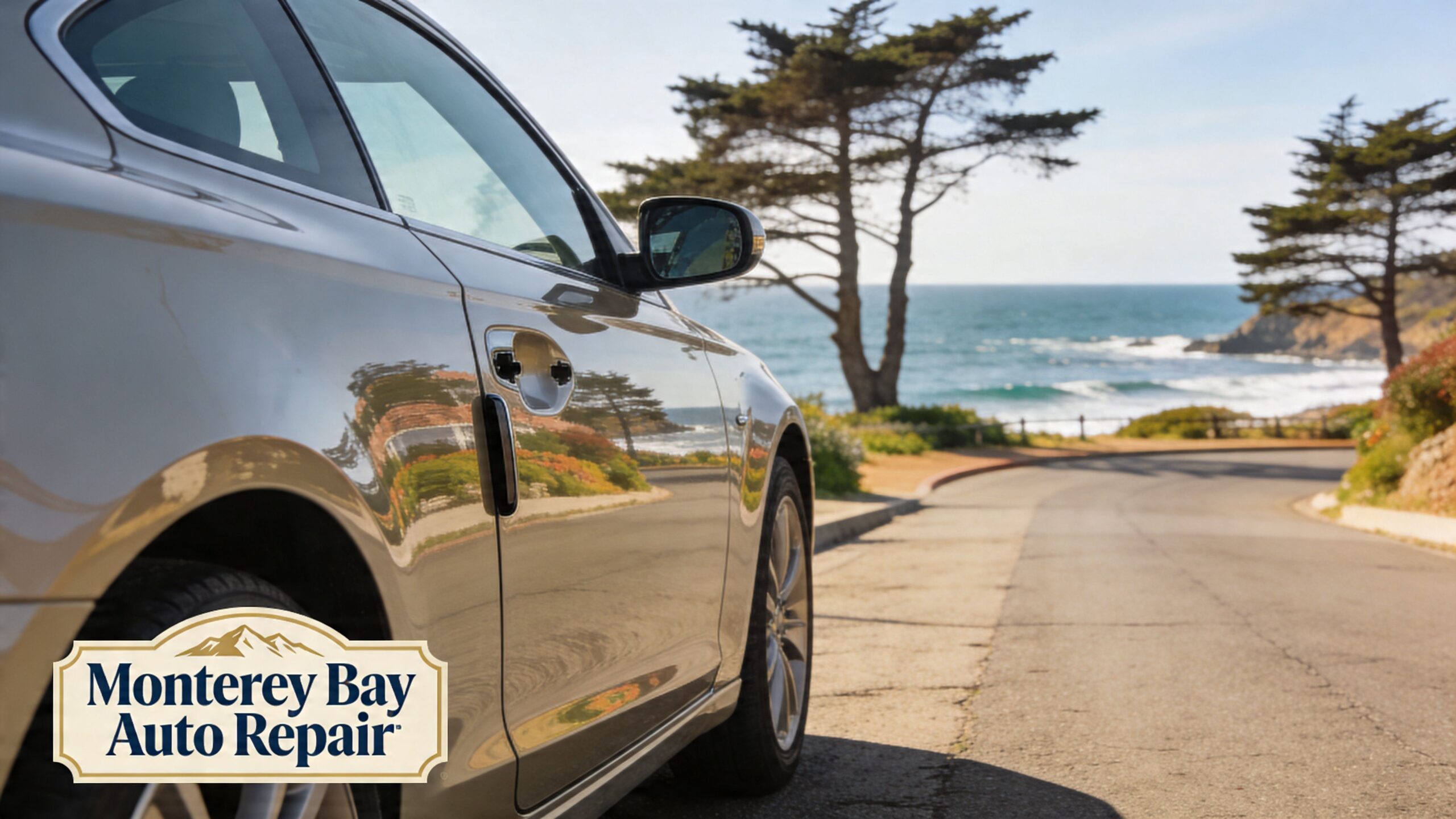 A silver car parked on a scenic coastal road overlooking the ocean with trees in the background.