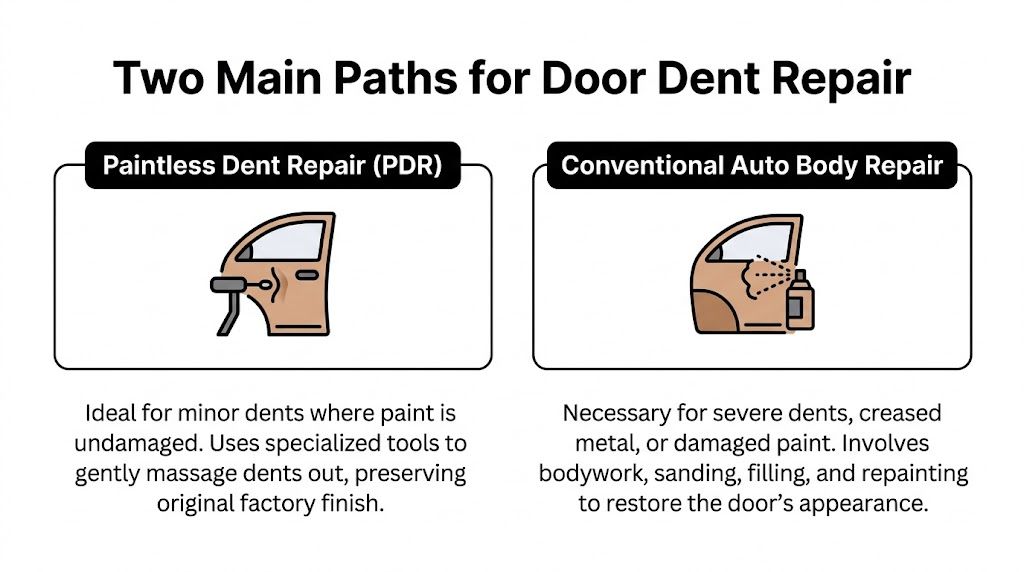 A comparison chart showing two methods for car door dent repair: paintless dent repair and conventional bodywork.