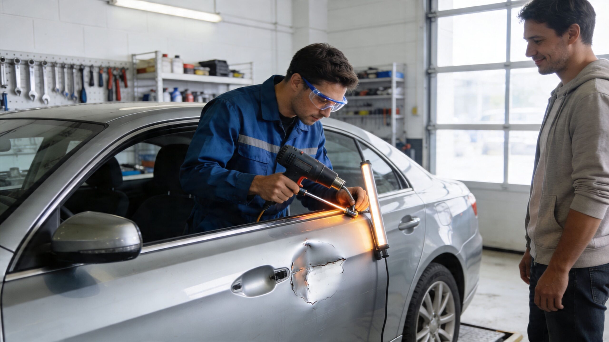 A professional mechanic in blue overalls uses a heat gun to repair a car door dent.