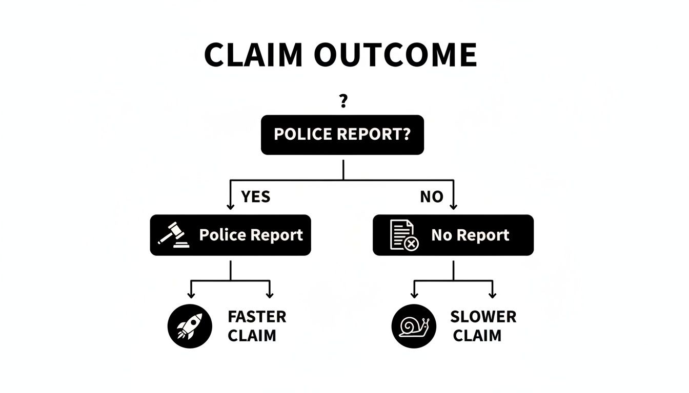 Flowchart illustrating claim outcome: a police report leads to a faster claim, while no report results in a slower claim.
