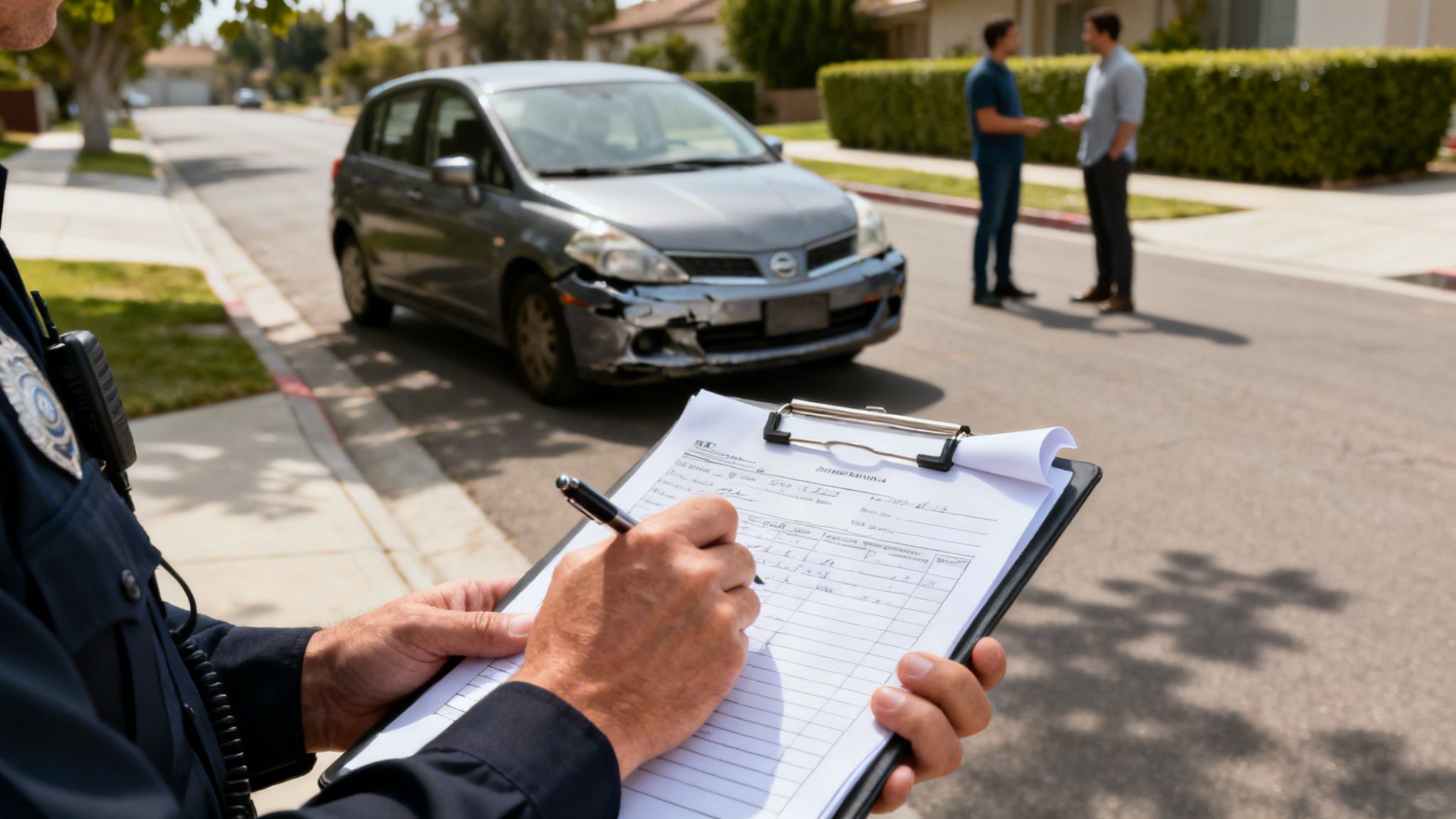 A police officer writes a report at a car accident scene, with a damaged vehicle and two men talking.