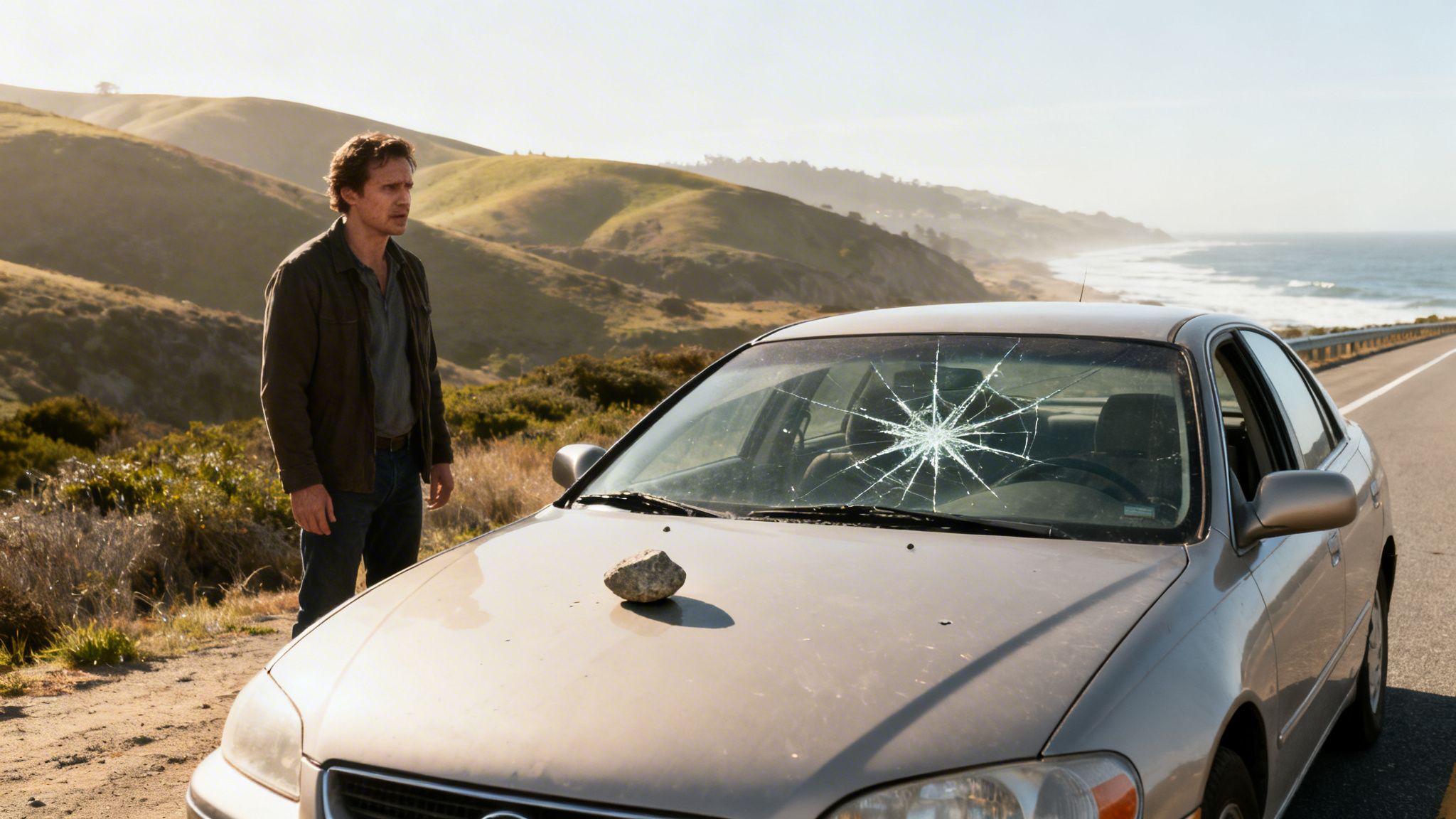 A man stands next to his car with a shattered windshield and a rock on the hood.