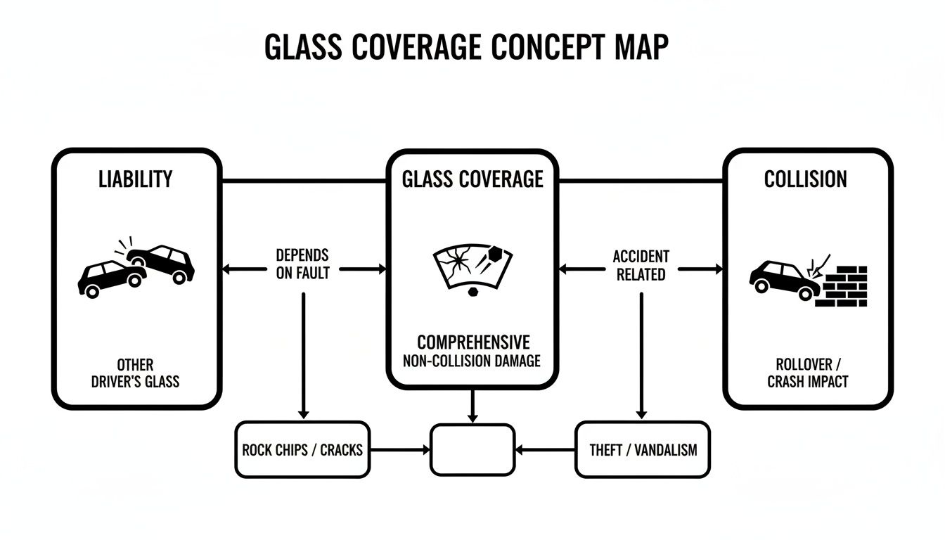 Concept map illustrating glass coverage, showing its relation to liability, collision, and non-collision damage.