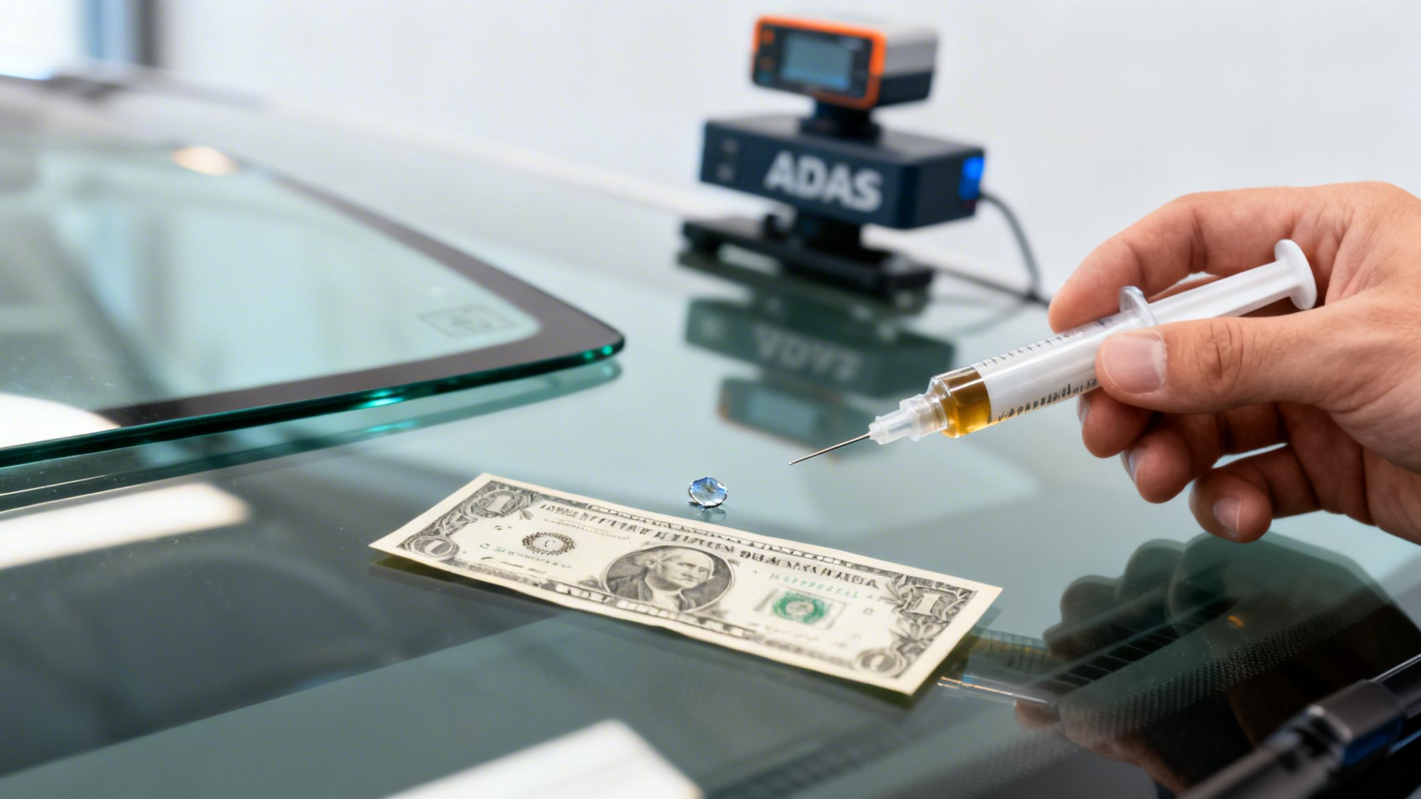 Technician repairing a windshield chip with resin near a dollar bill and ADAS calibration tool.
