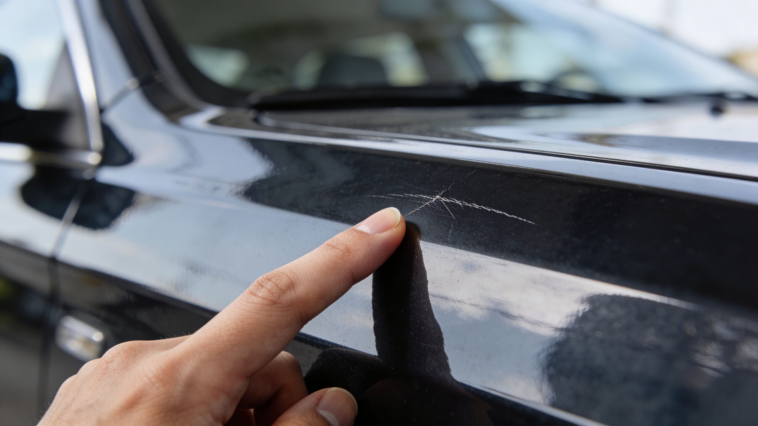 A person pointing to a visible scratch on the glossy black paint of a car hood.