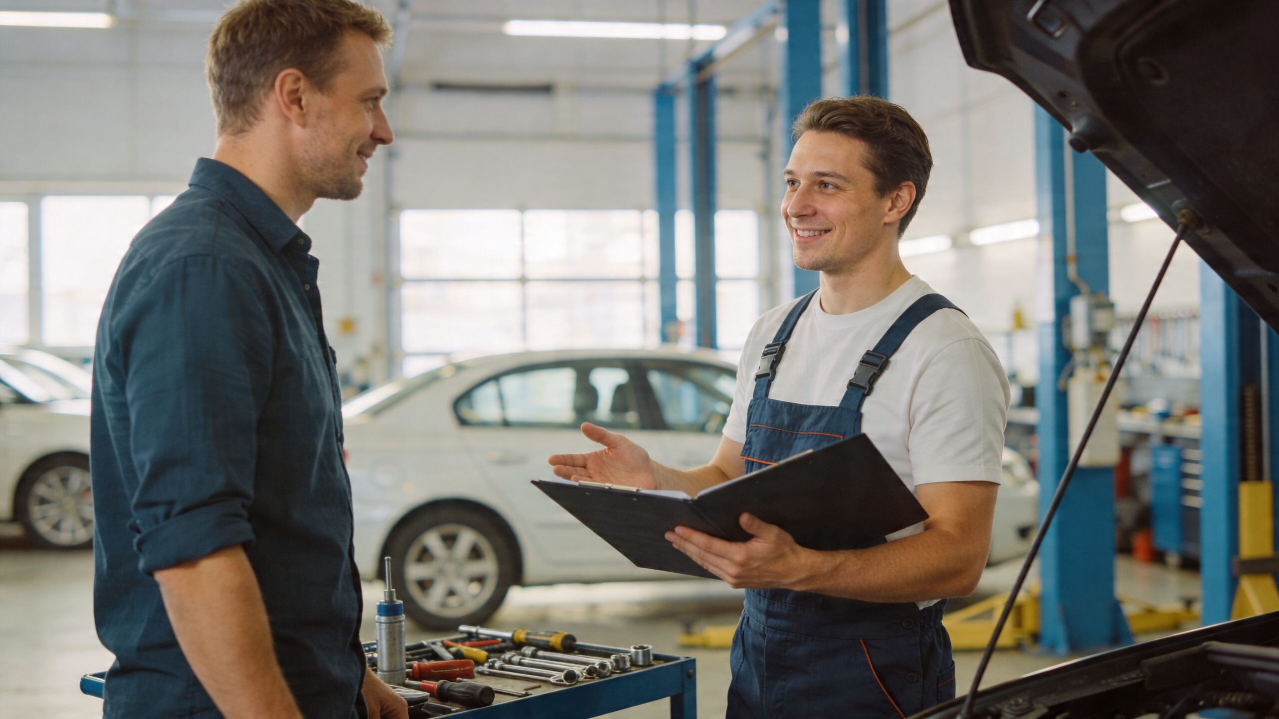 A friendly auto mechanic discusses vehicle repair details with a customer in a bright professional garage workshop.