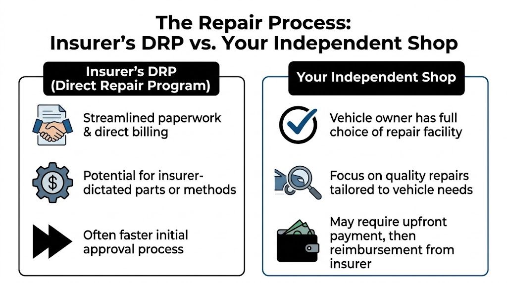 A comparison chart outlining the pros and cons of using an insurer's DRP versus an independent repair shop.