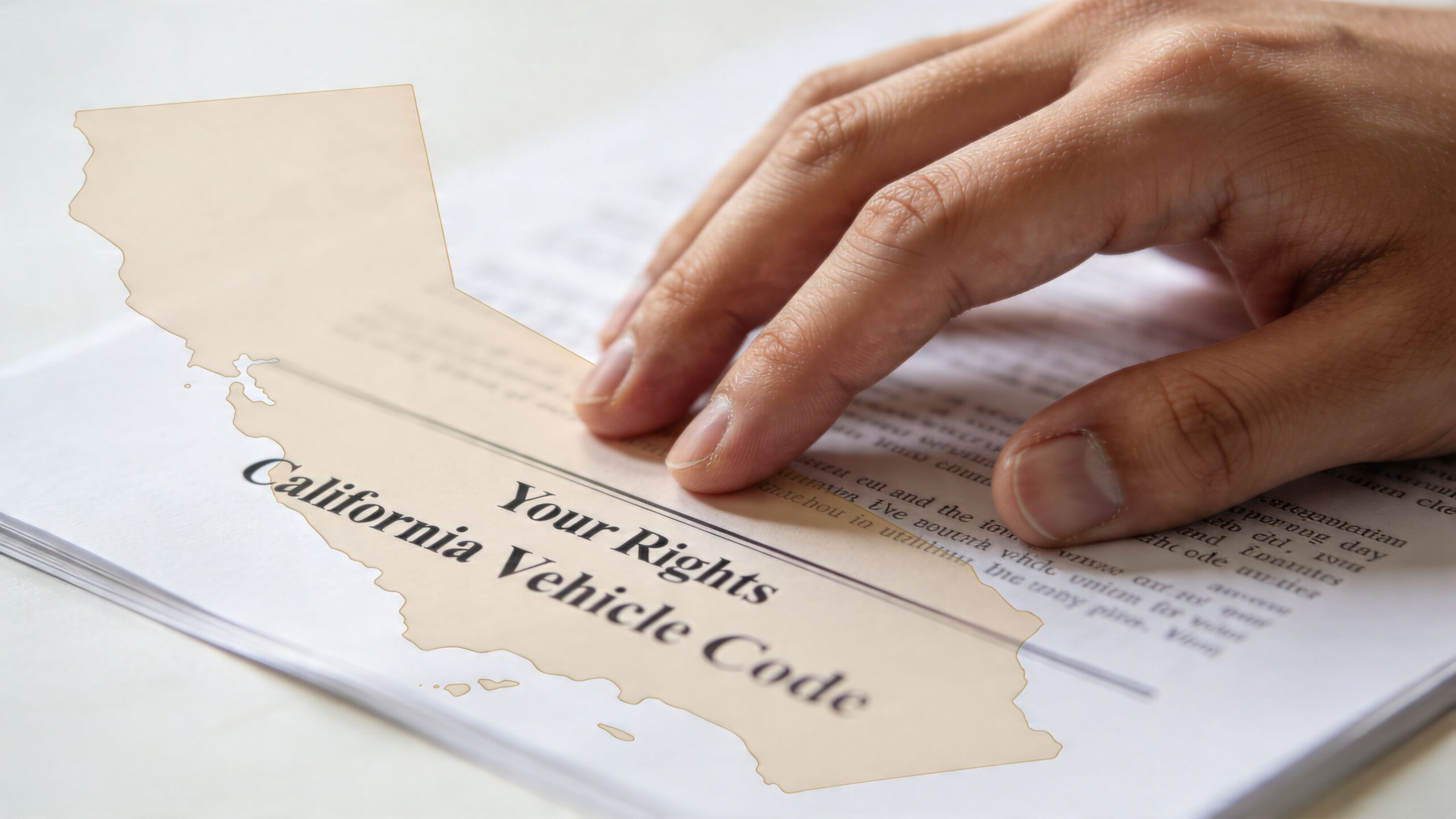 A hand rests on a document titled Your Rights California Vehicle Code, highlighting legal consumer protections.