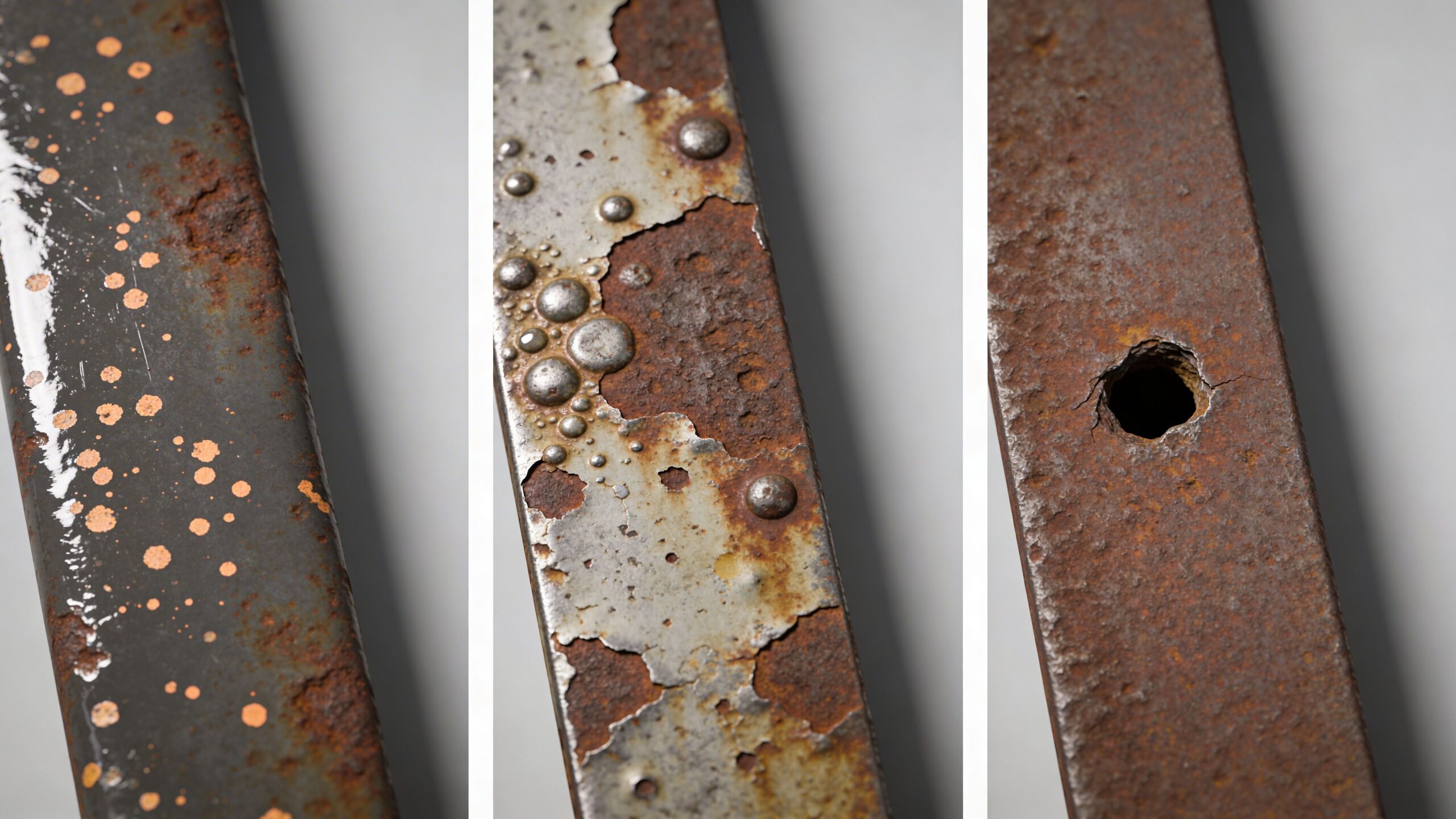 A close-up collage showing three stages of metal corrosion, paint bubbling, and deep rust on car panels.