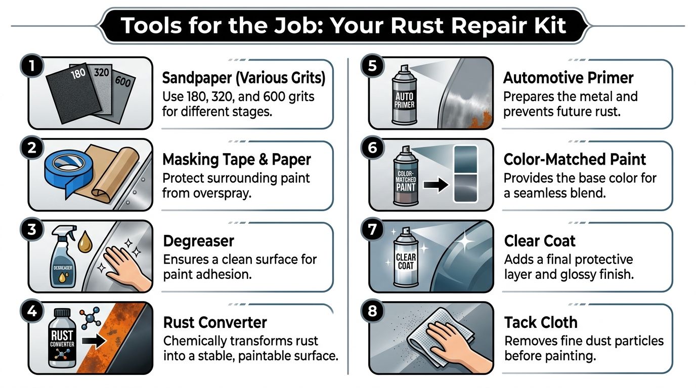 An infographic showing eight essential tools for repairing rust spots on a vehicle, including sandpaper and paint.