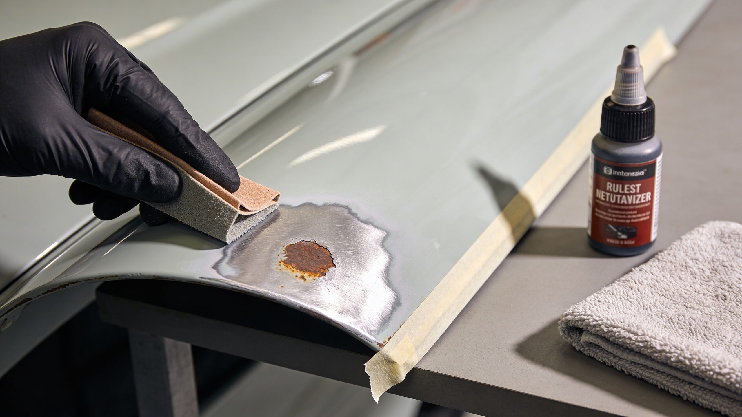A person in black gloves sanding a rust spot on a car body panel before painting.