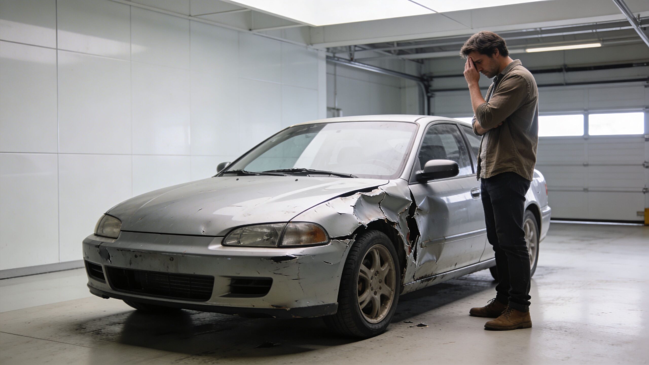 A man looking distressed at his silver car in a garage after a major collision accident.