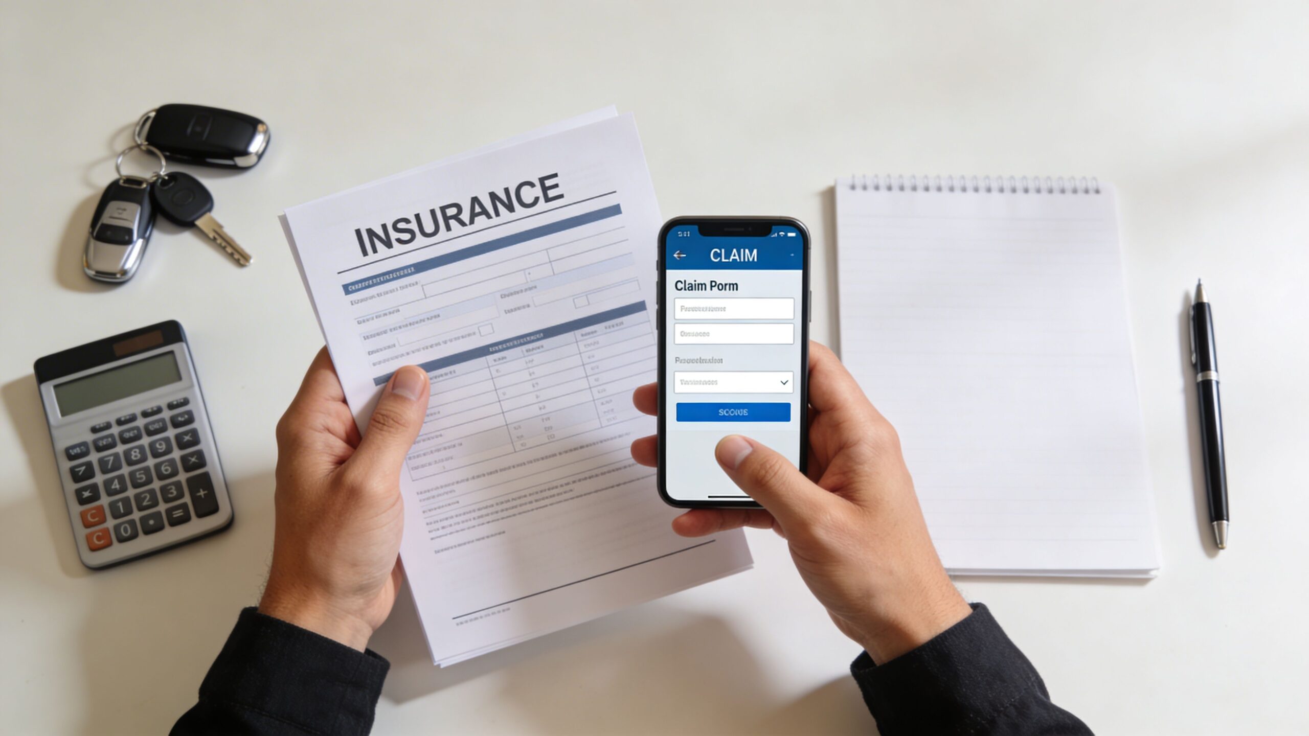 A person holds an insurance document and a smartphone displaying a claim form for vehicle repair.