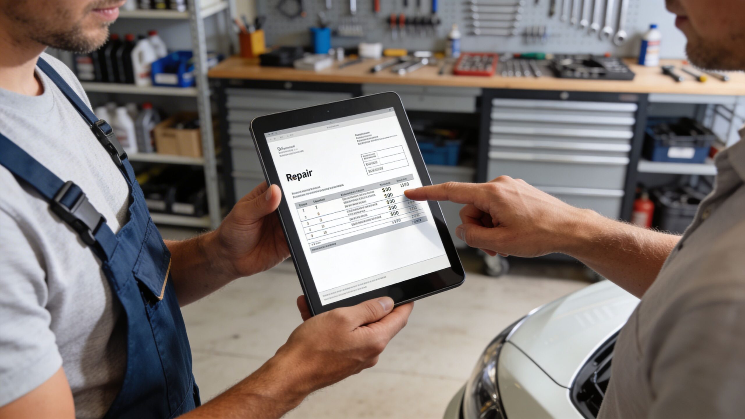 A mechanic showing a digital repair cost estimate on a tablet to a customer in a garage.