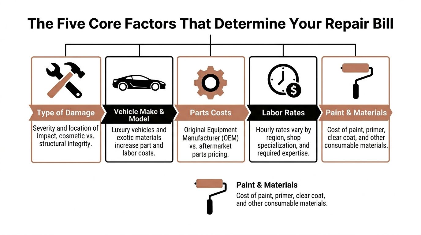 An infographic showing five key factors that influence the total cost of car collision repair services.