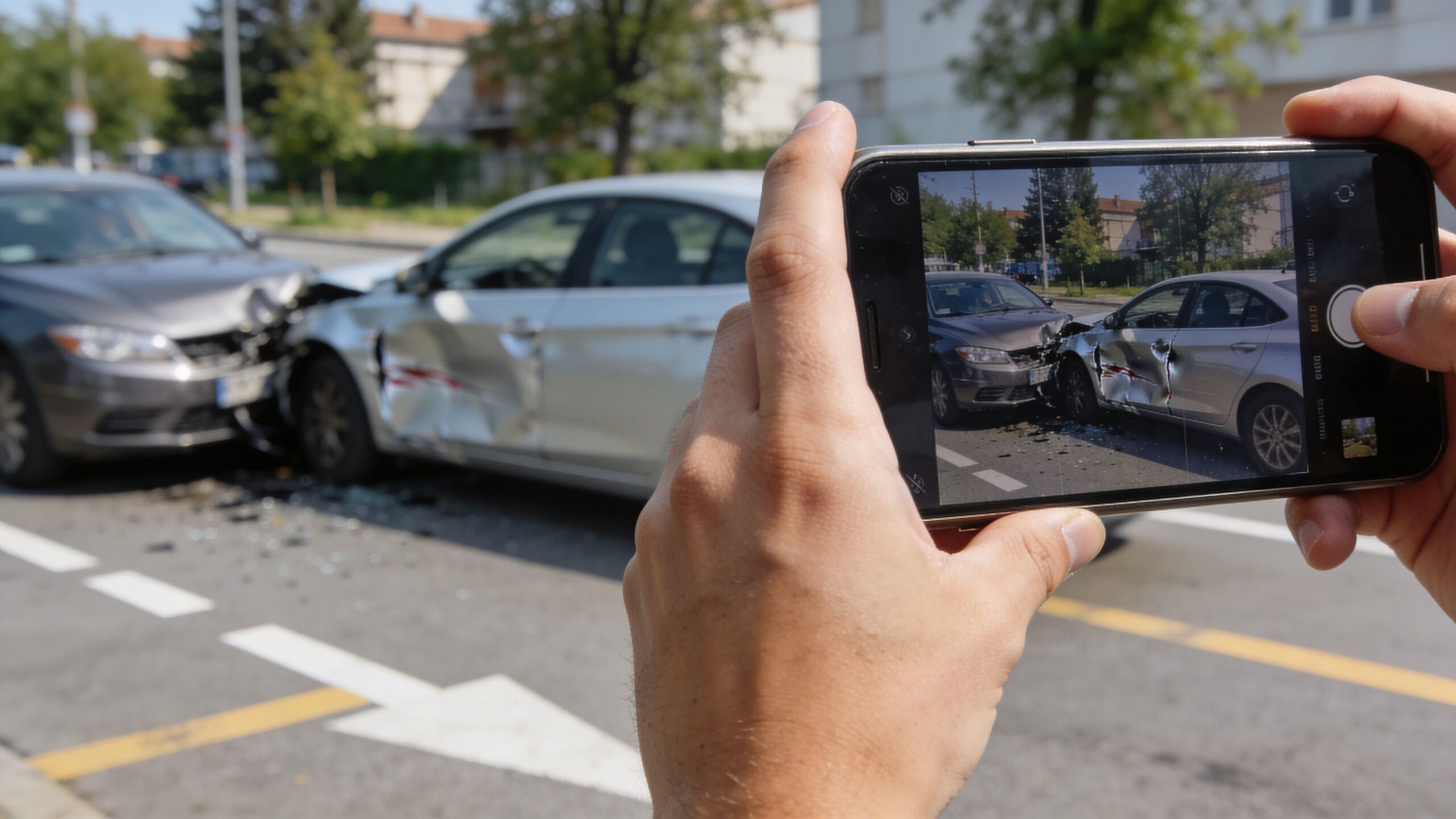 A person uses a smartphone to photograph two vehicles involved in a car accident on the street.