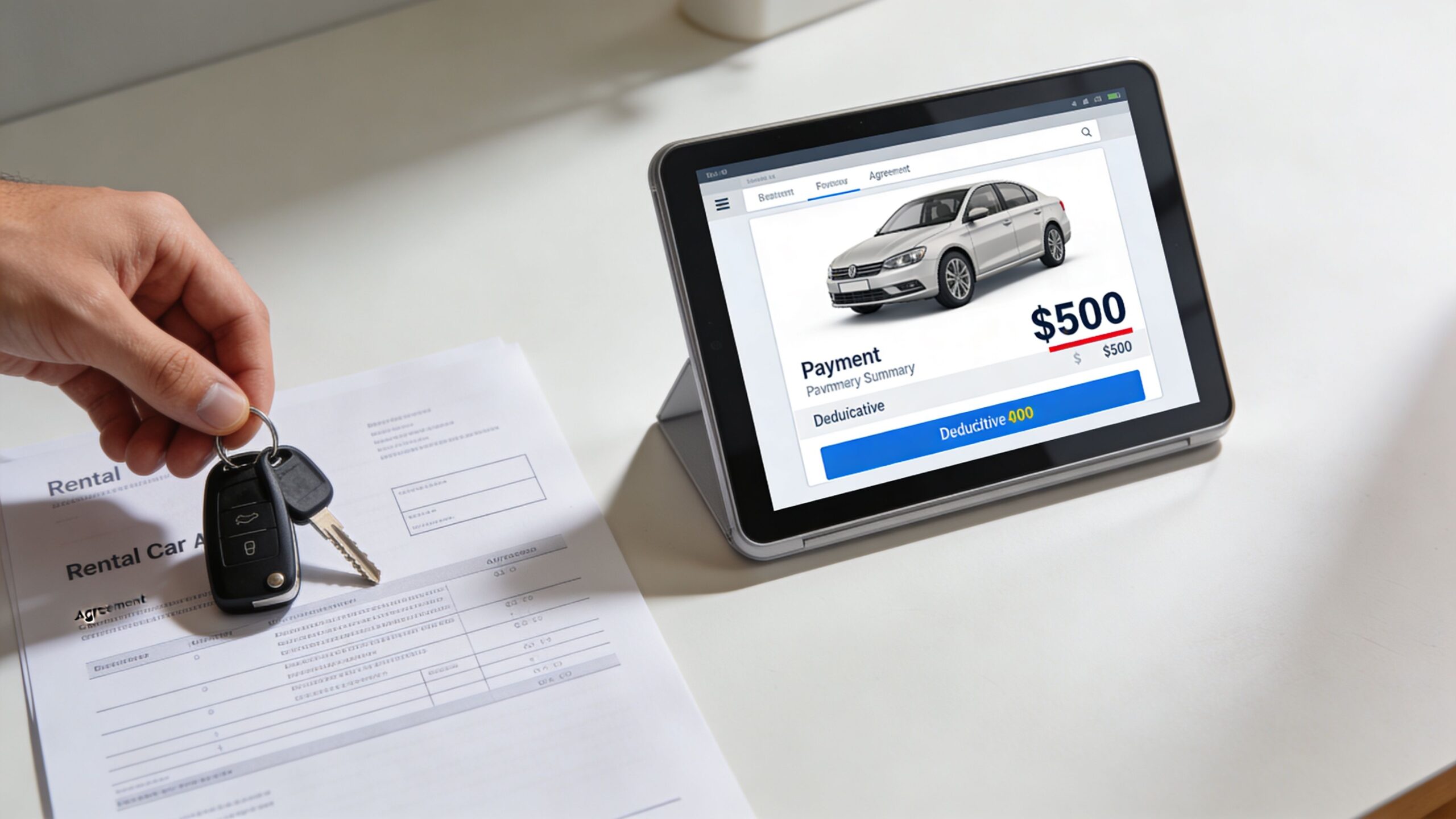 A hand holds car keys over a rental agreement next to a tablet displaying payment and deductible information.