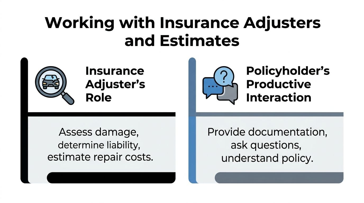 A diagram outlining the roles of insurance adjusters versus the productive interactions of the policyholder.