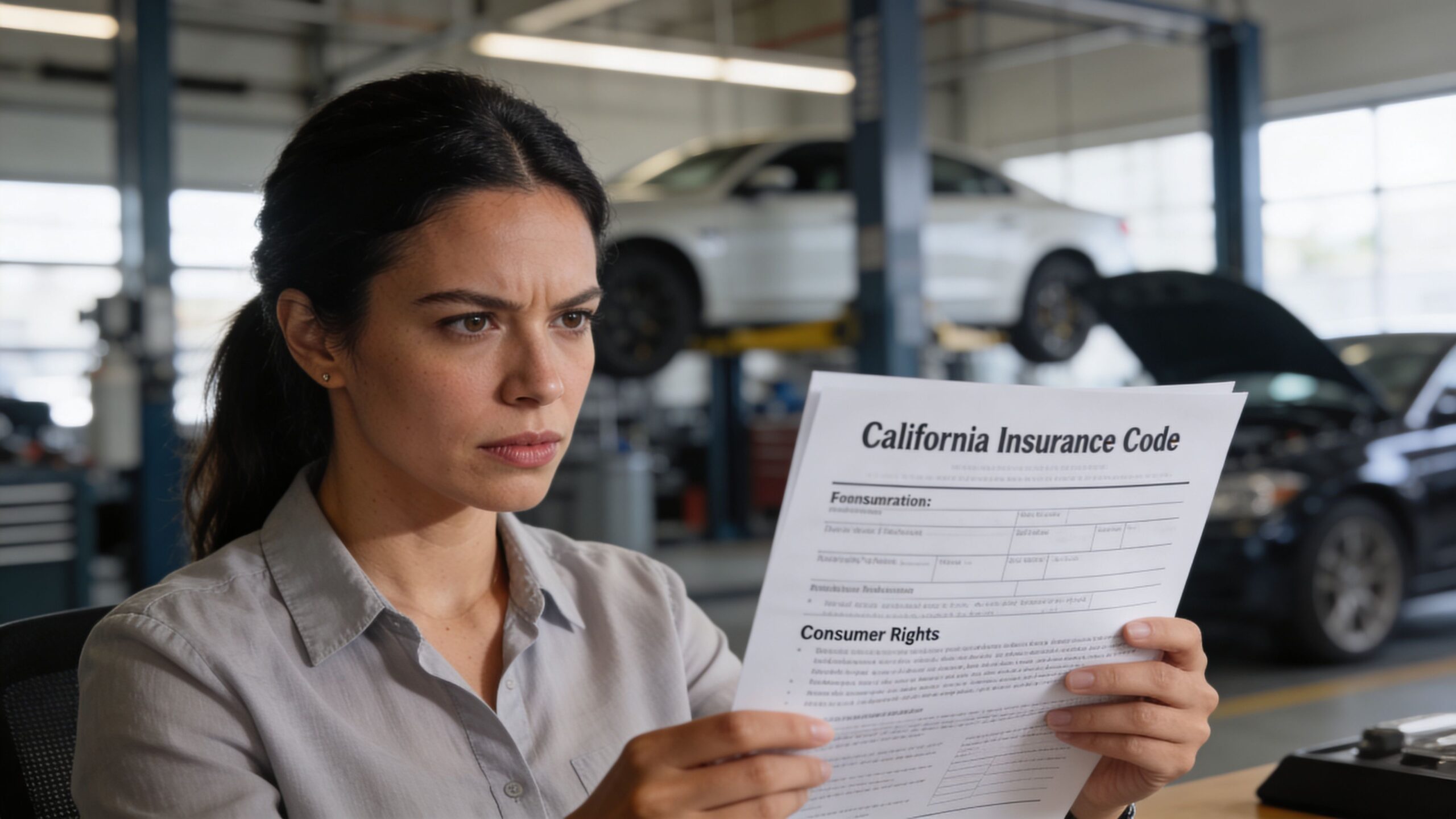 A focused woman reviewing a document labeled California Insurance Code inside an automotive repair shop setting.