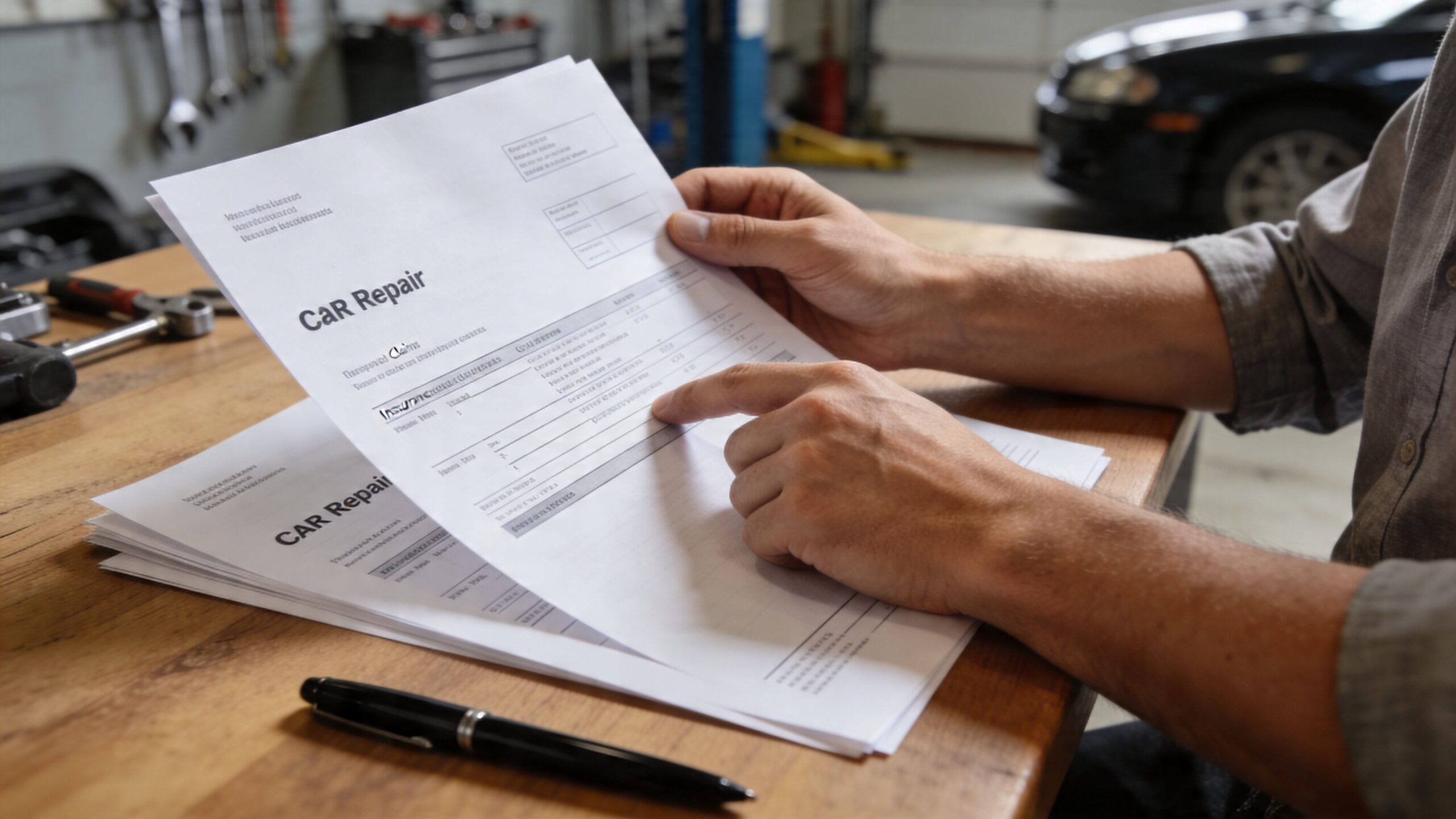 A mechanic reviewing a car repair invoice document while sitting at a wooden workbench in a garage.