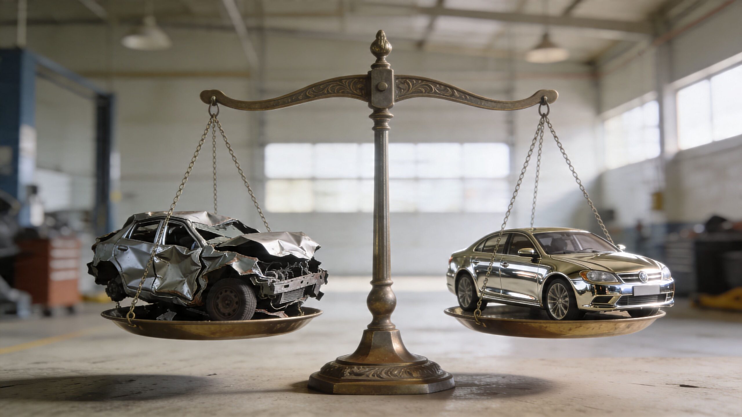 A vintage scale balances a wrecked car on one side and a pristine luxury car on the other.