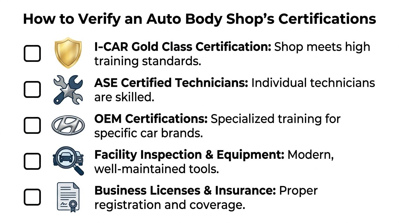 A checklist illustrating five key steps for verifying the certifications of an auto body shop.
