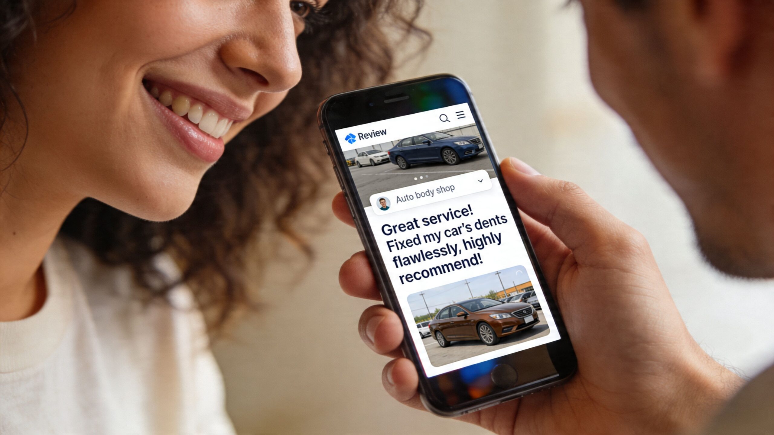 A smiling woman and a man looking at a positive auto body shop review on a smartphone.