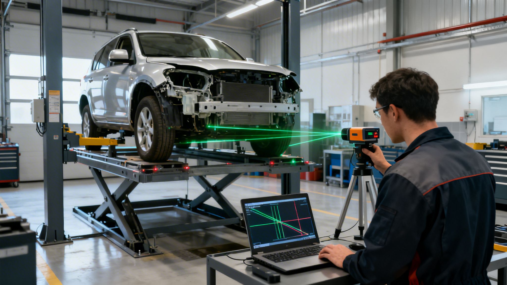 Technician using a laser measurement system to assess a damaged car on a lift in a repair shop.