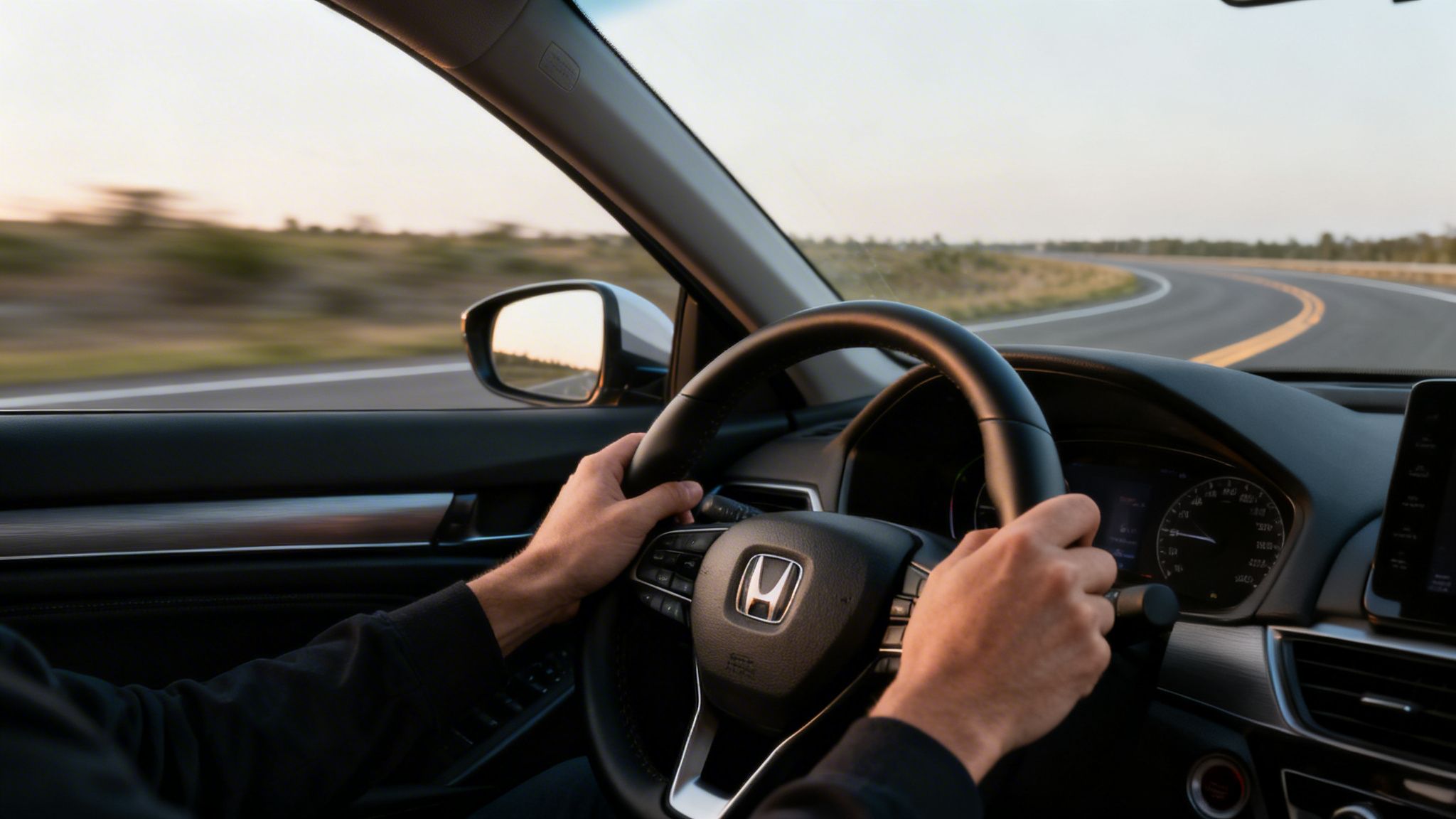 Close-up of hands on a car steering wheel while driving on a winding road at sunset.