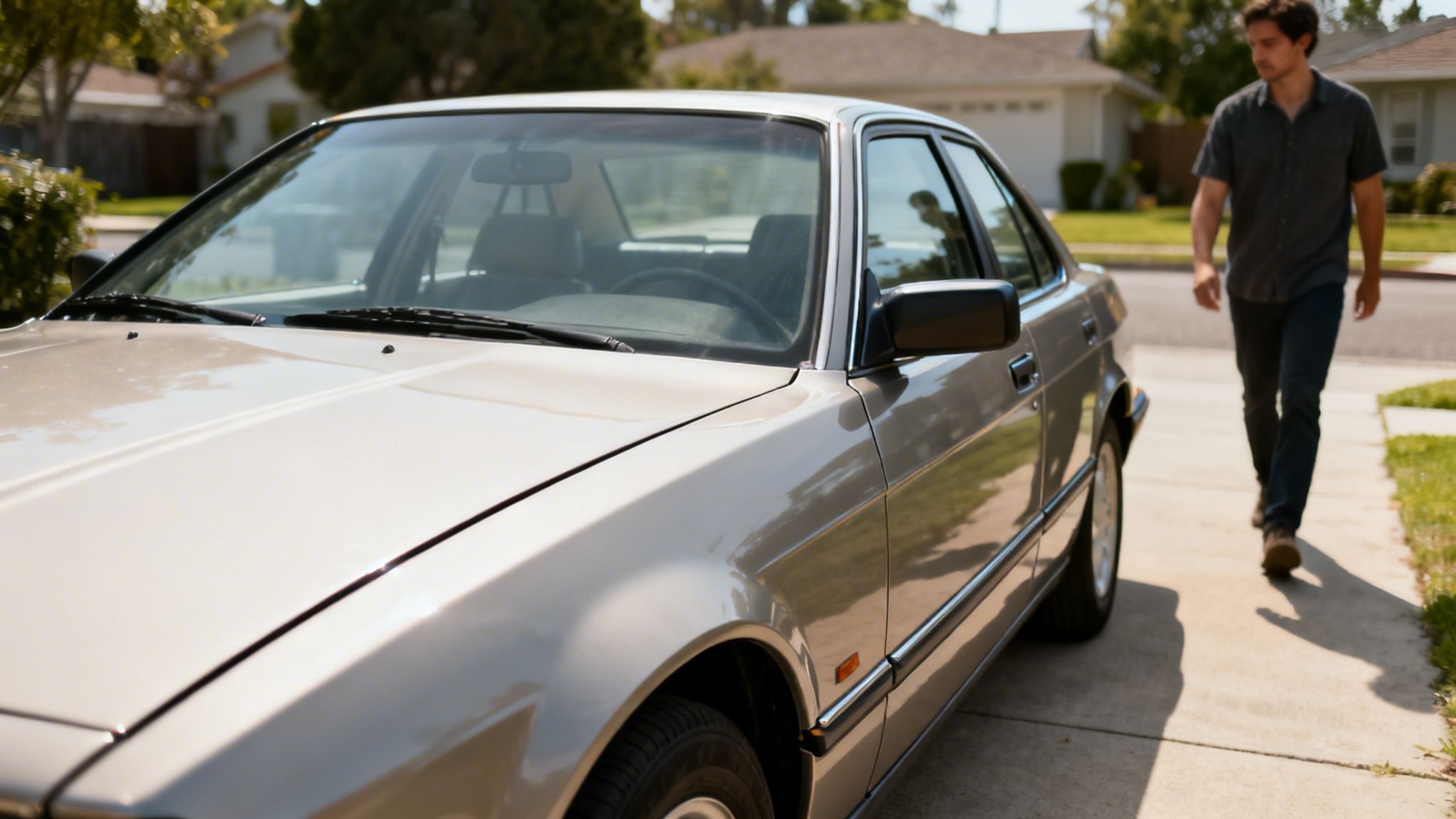 A man walks past a tan car on a sunny day in a residential area.
